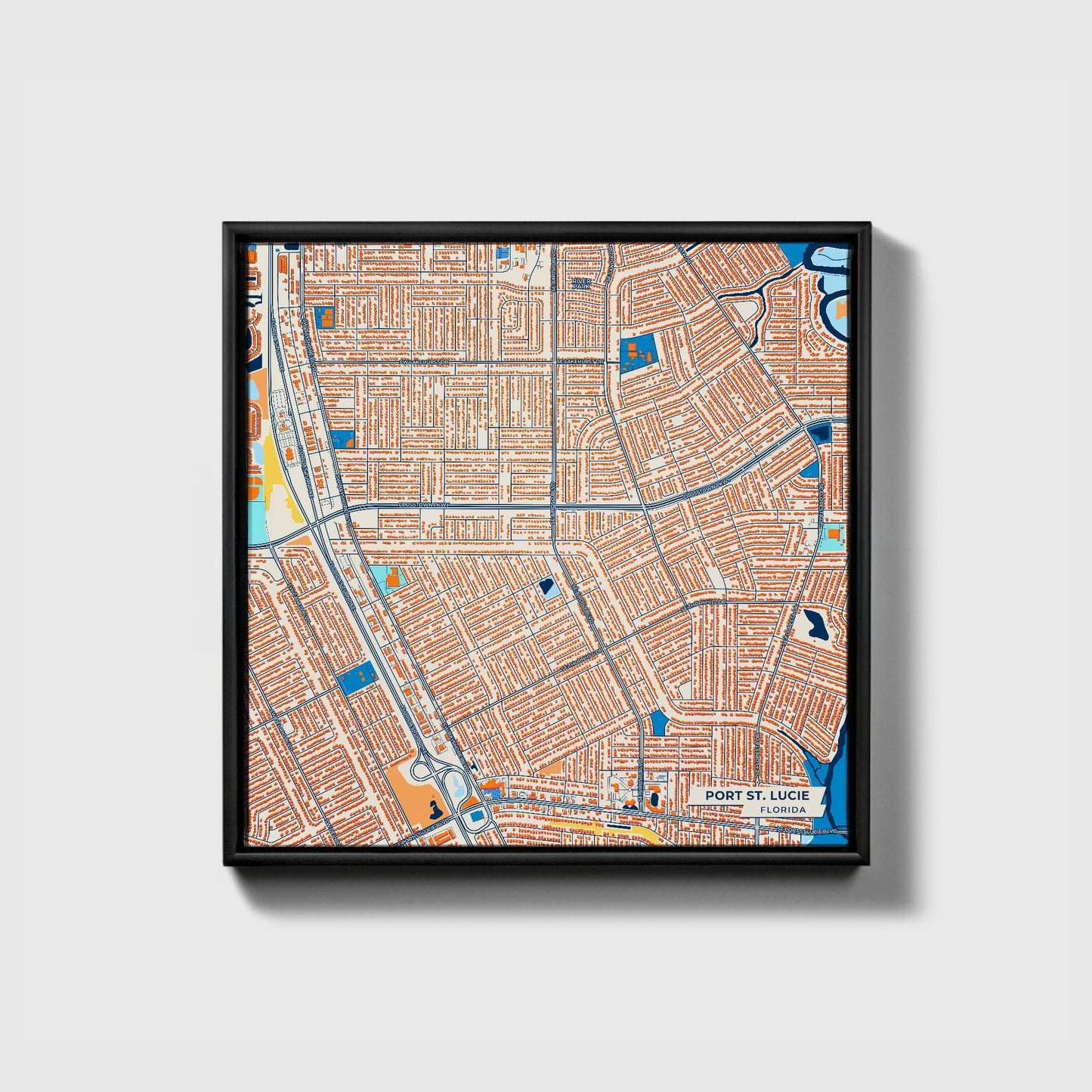 Port St. Lucie Florida Colorful City Map Canvas Print • Black Framed