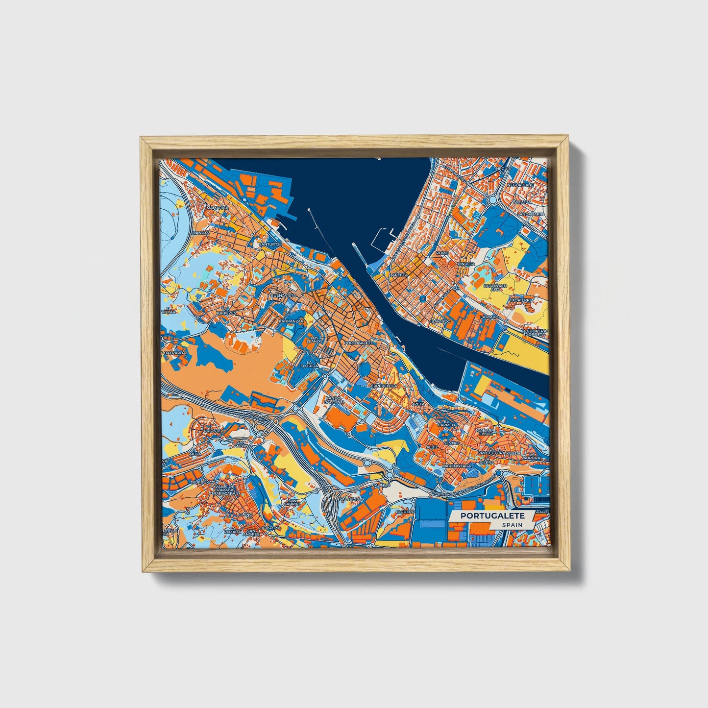 Portugalete Spain Colorful City Map Canvas Print • Natural Wooden Framed