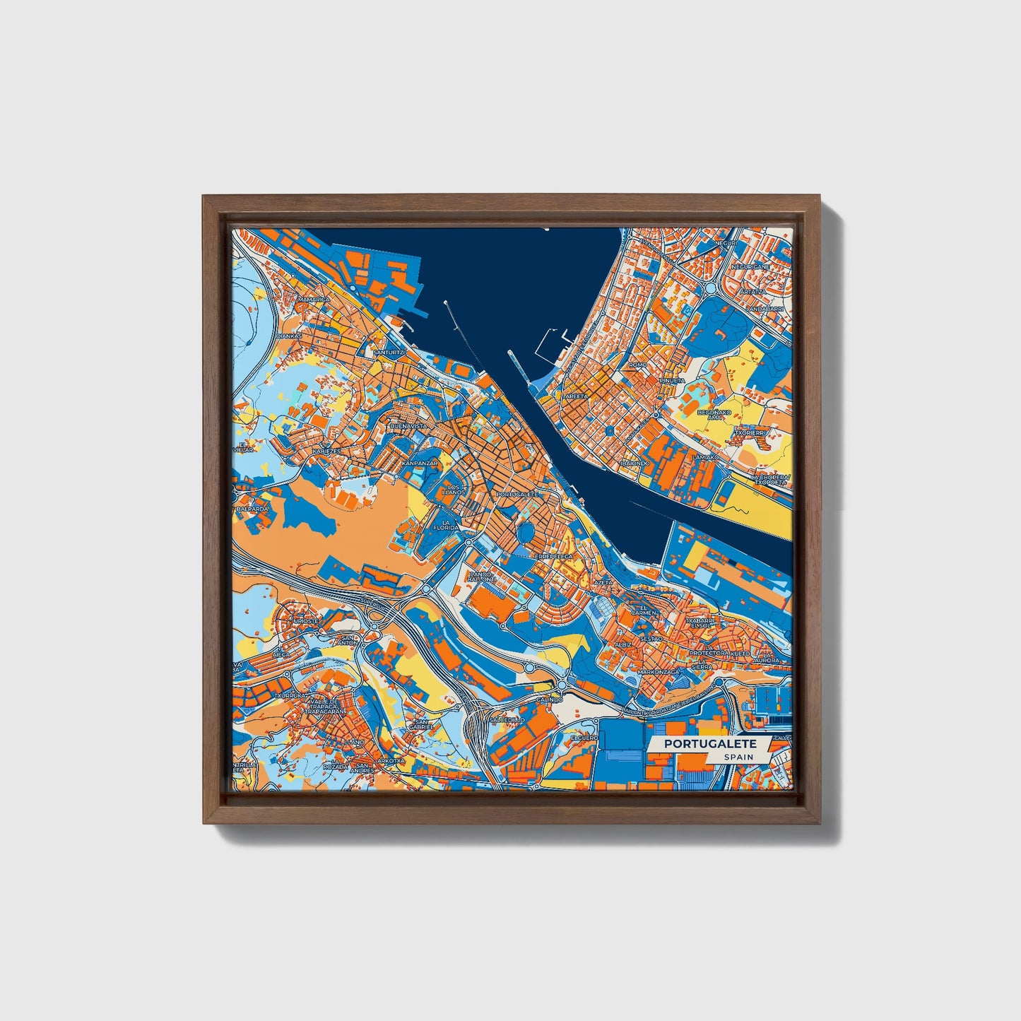 Portugalete Spain Colorful City Map Canvas Print • Dark Wooden Framed