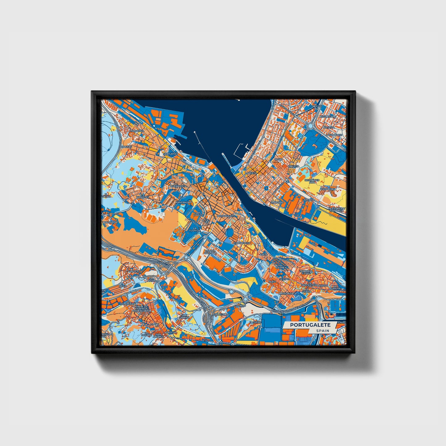 Portugalete Spain Colorful City Map Canvas Print • Black Framed