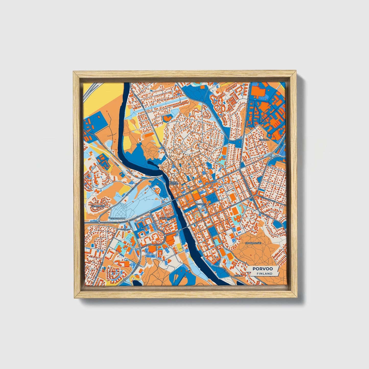 Porvoo Finland Colorful City Map Canvas Print • Natural Wooden Framed
