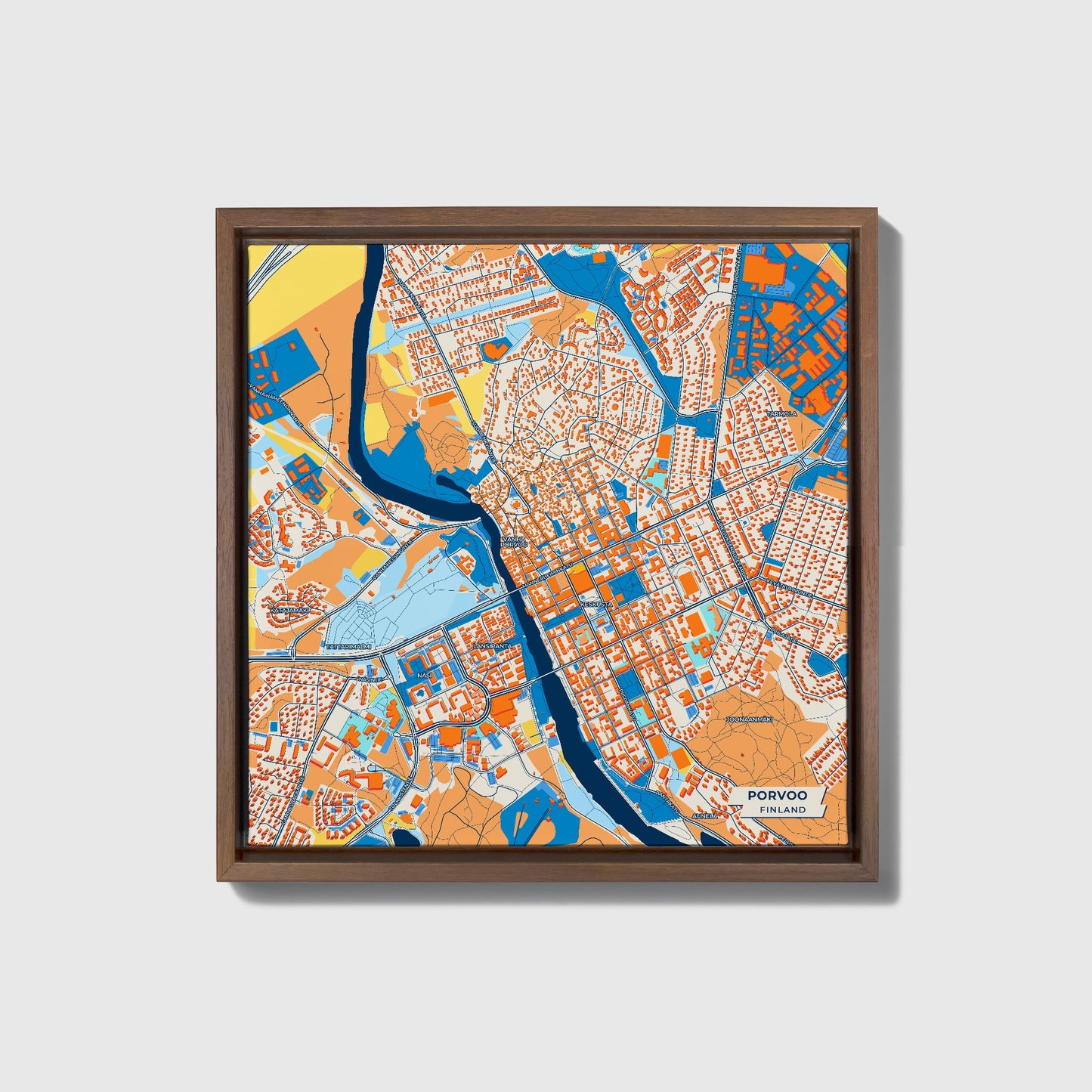 Porvoo Finland Colorful City Map Canvas Print • Dark Wooden Framed
