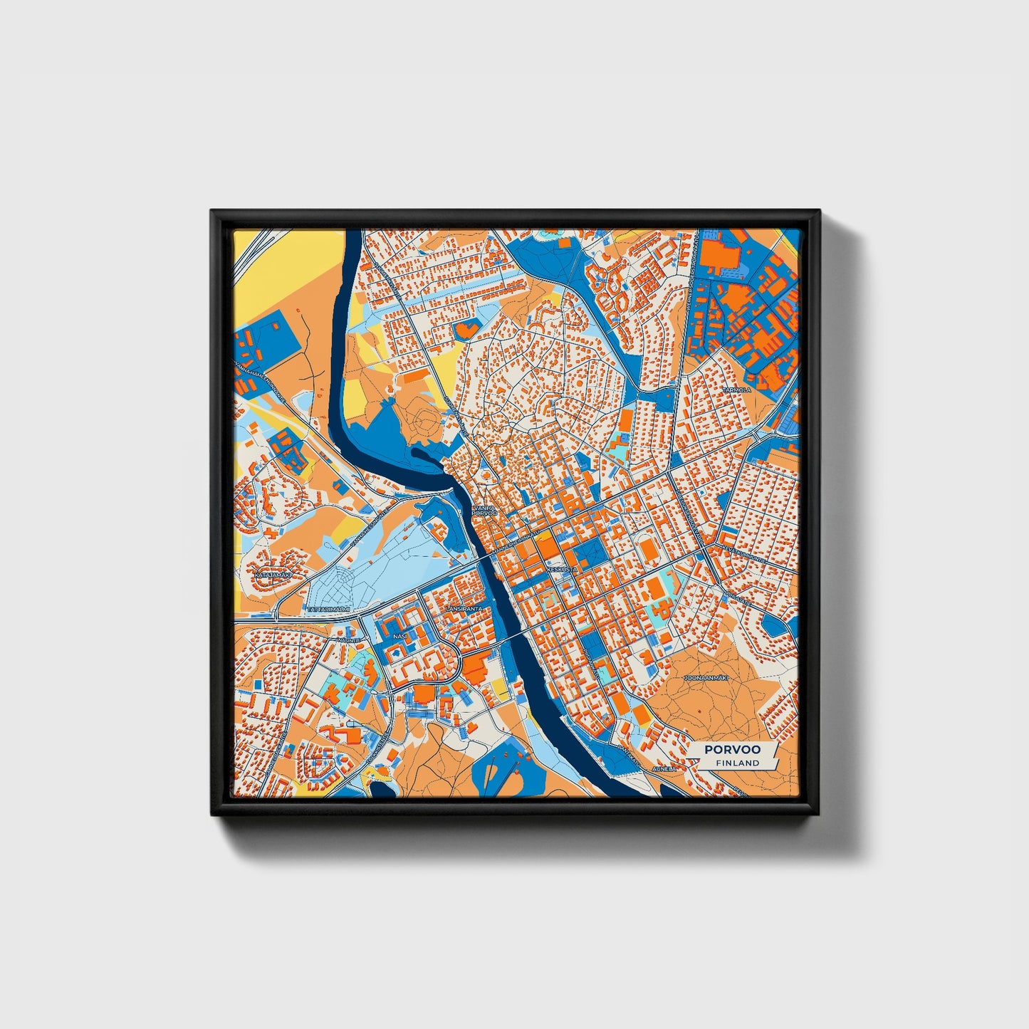 Porvoo Finland Colorful City Map Canvas Print • Black Framed