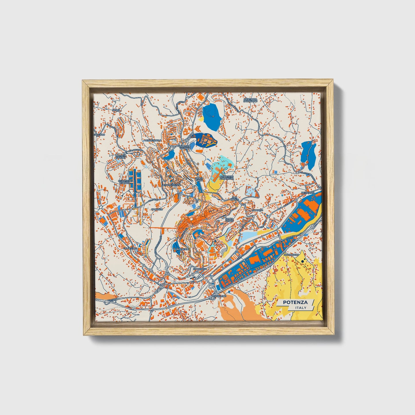 Potenza Italy Colorful City Map Canvas Print • Natural Wooden Framed