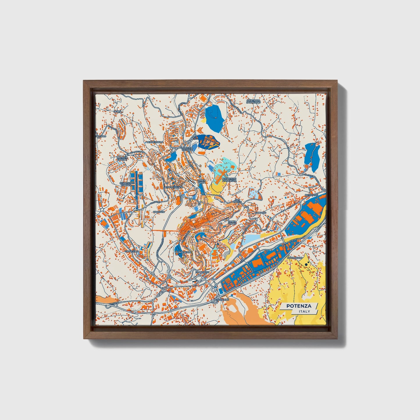 Potenza Italy Colorful City Map Canvas Print • Dark Wooden Framed