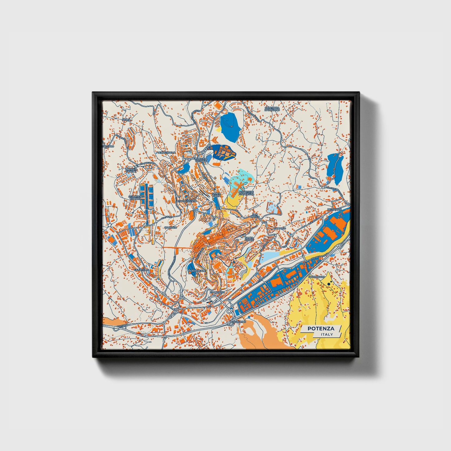 Potenza Italy Colorful City Map Canvas Print • Black Framed