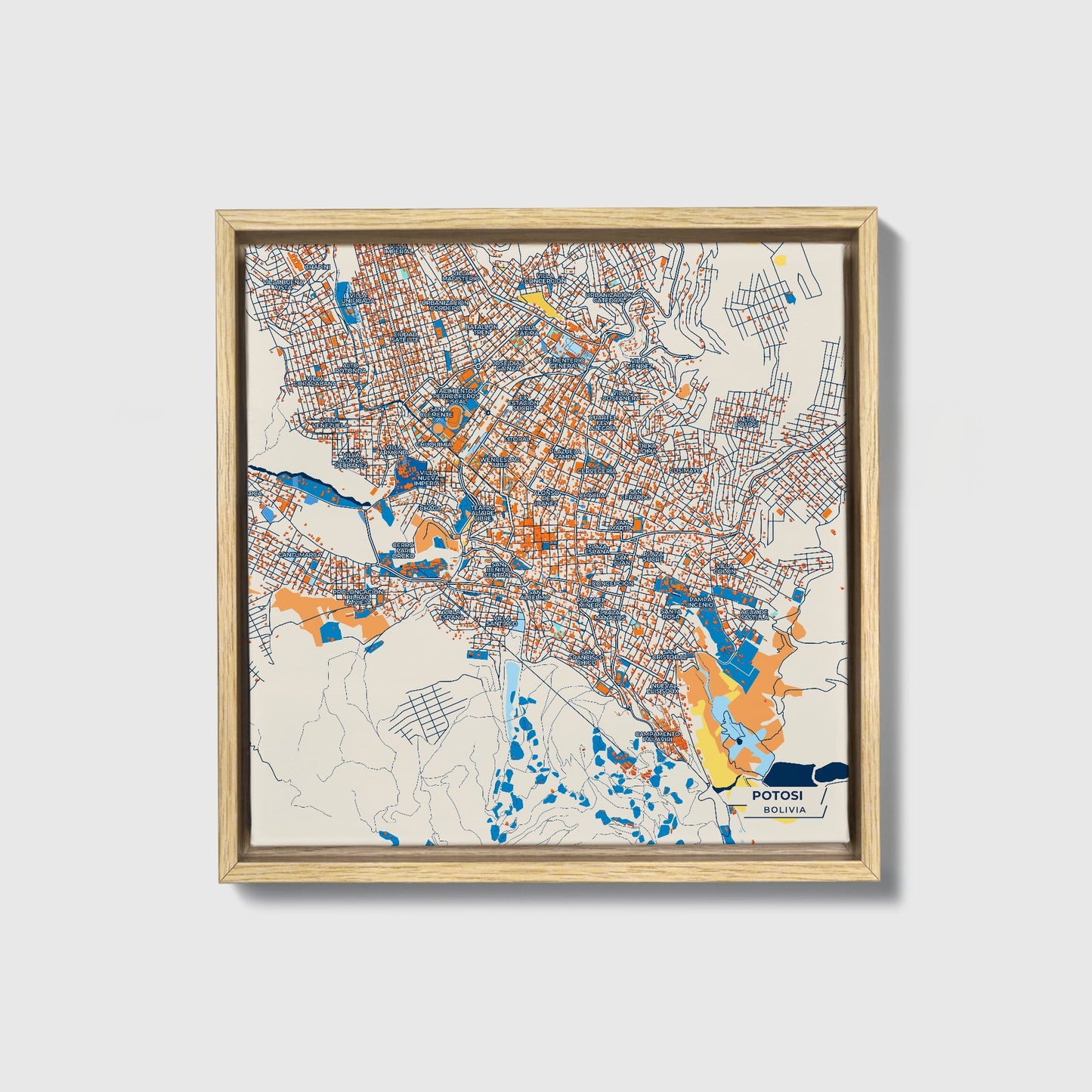 Potosi Bolivia Colorful City Map Canvas Print • Natural Wooden Framed