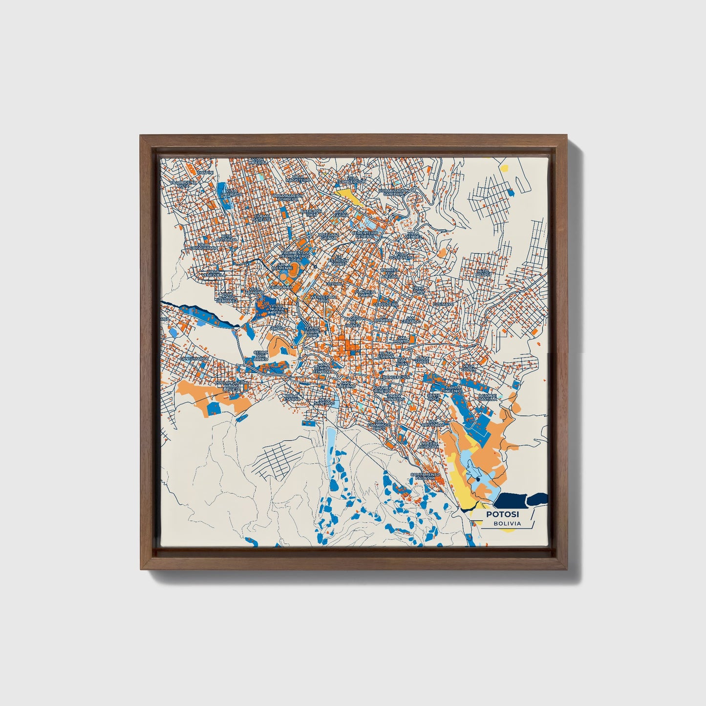 Potosi Bolivia Colorful City Map Canvas Print • Dark Wooden Framed