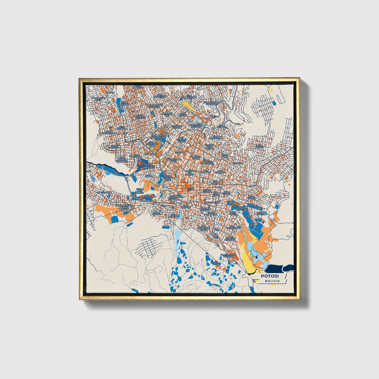 Potosi Bolivia Colorful City Map Canvas Print • Gold Framed
