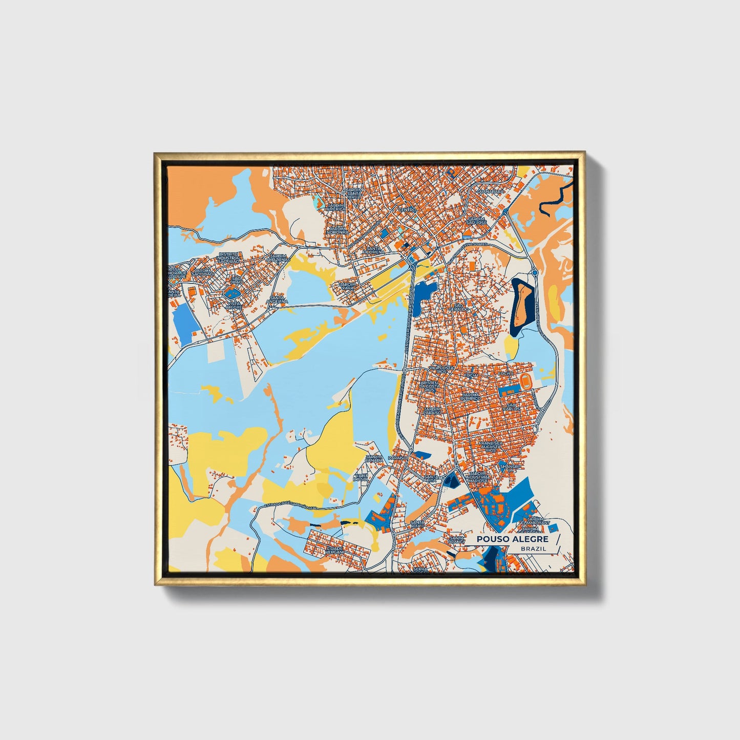 Pouso Alegre Brazil Colorful City Map Canvas Print • Gold Framed