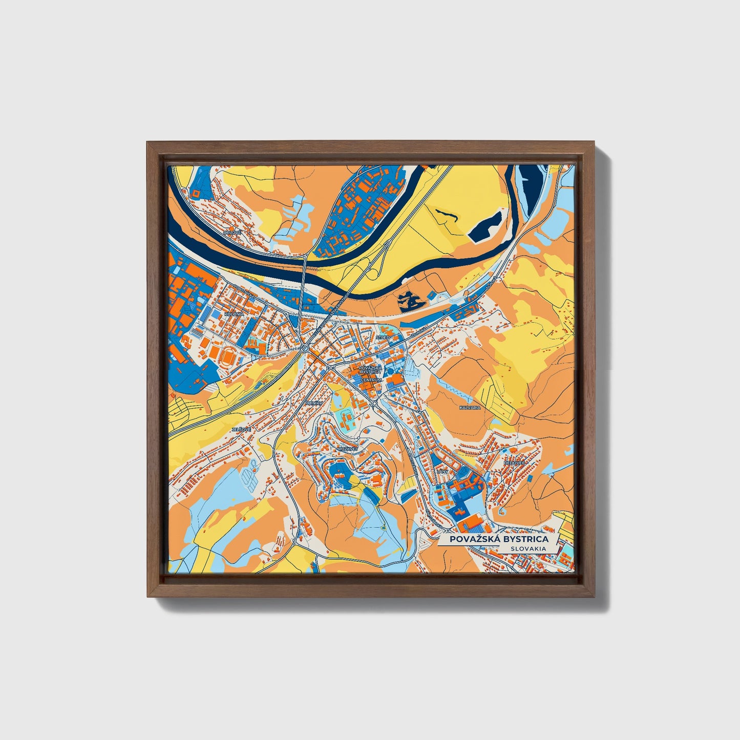 Považská Bystrica Slovakia Colorful City Map Canvas Print • Dark Wooden Framed