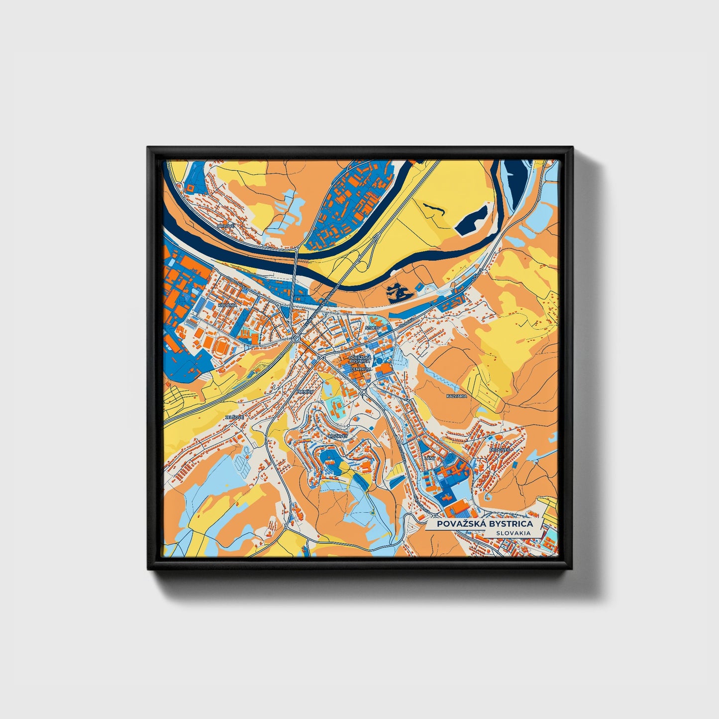 Považská Bystrica Slovakia Colorful City Map Canvas Print • Black Framed