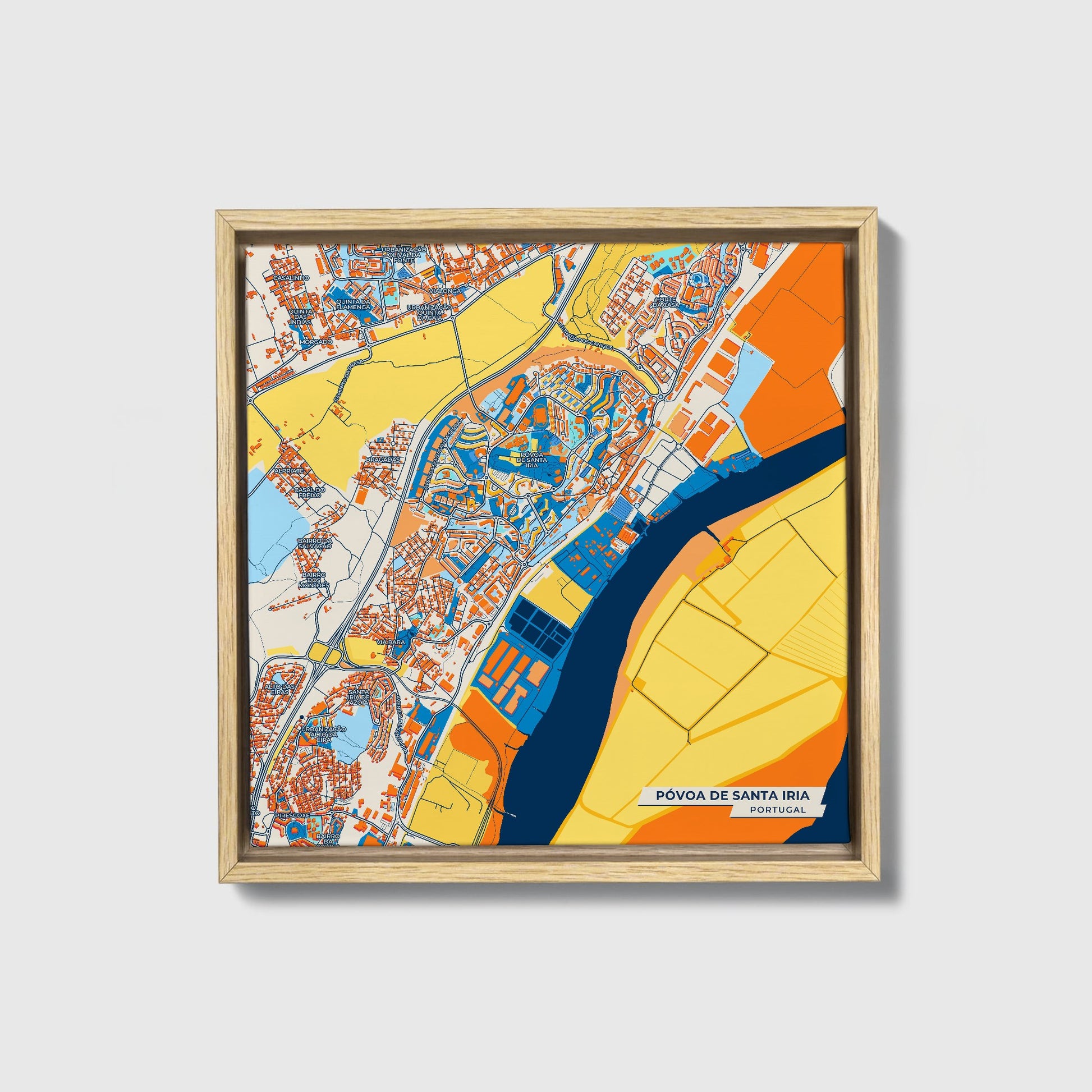 Póvoa De Santa Iria Portugal Colorful City Map Canvas Print • Natural Wooden Framed