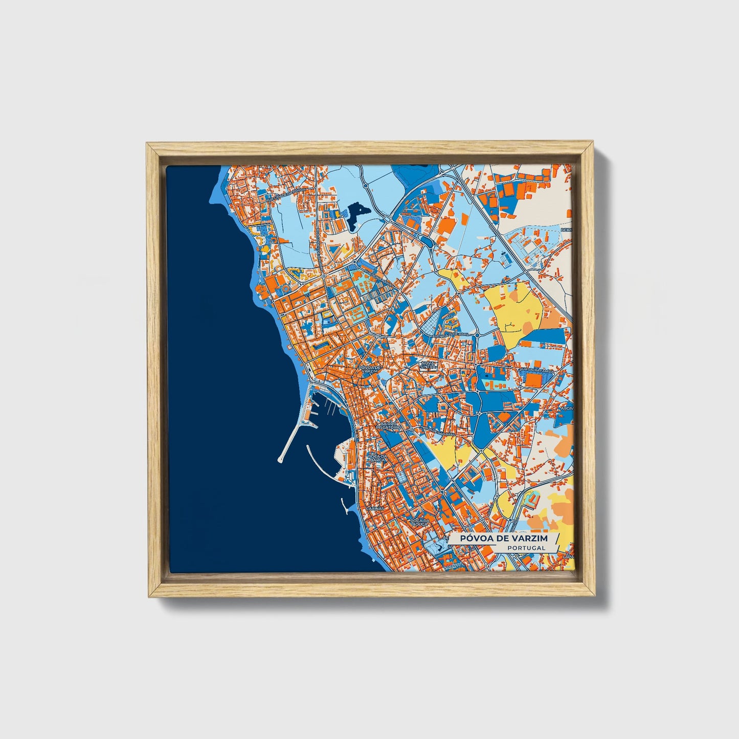 Póvoa De Varzim Portugal Colorful City Map Canvas Print • Natural Wooden Framed