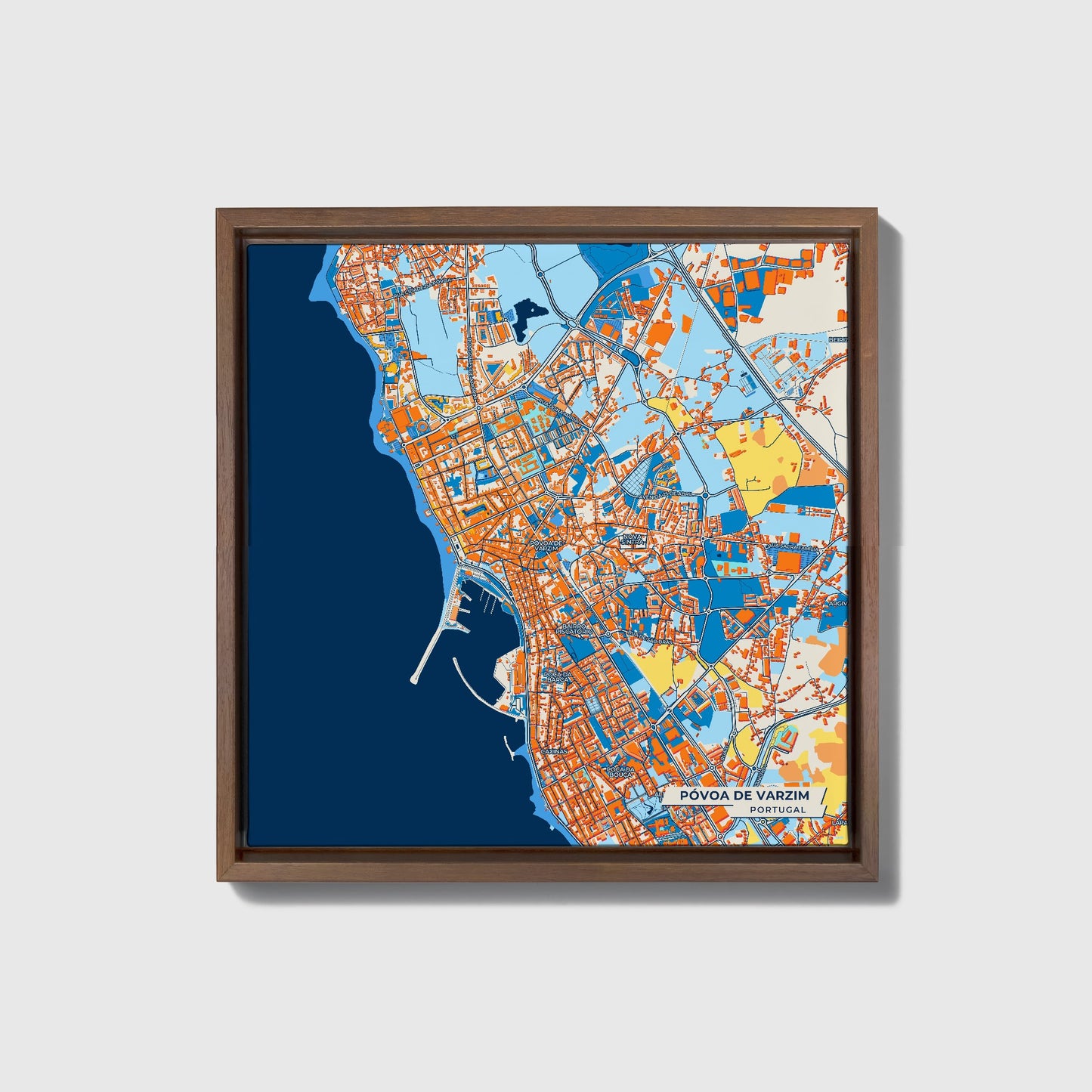 Póvoa De Varzim Portugal Colorful City Map Canvas Print • Dark Wooden Framed
