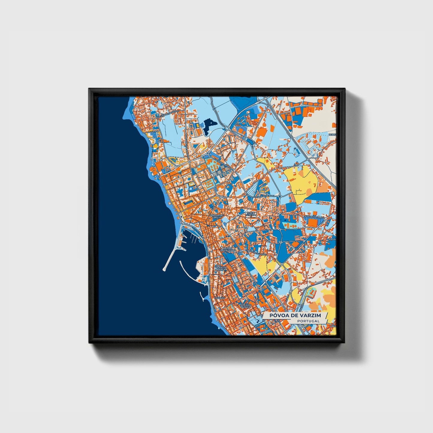 Póvoa De Varzim Portugal Colorful City Map Canvas Print • Black Framed