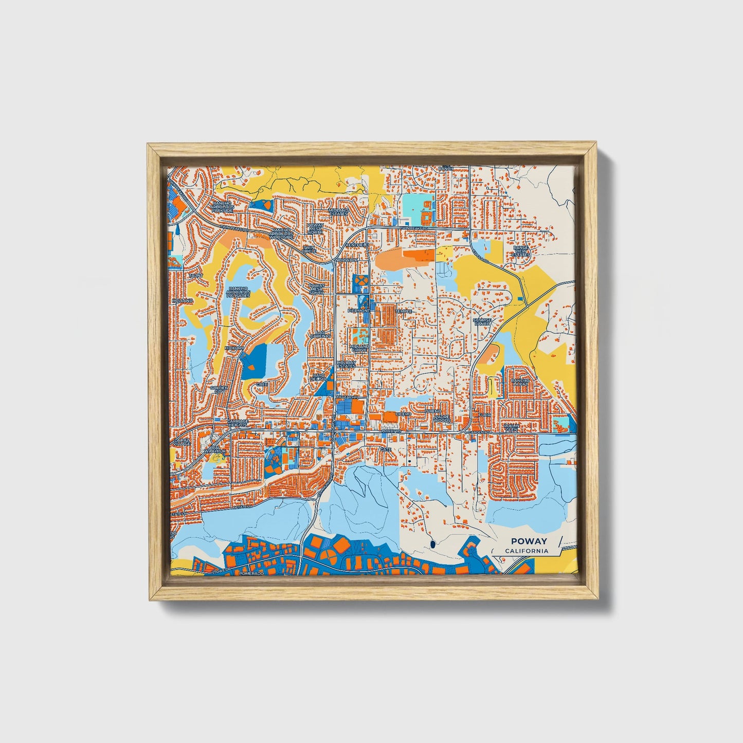 Poway California Colorful City Map Canvas Print • Natural Wooden Framed