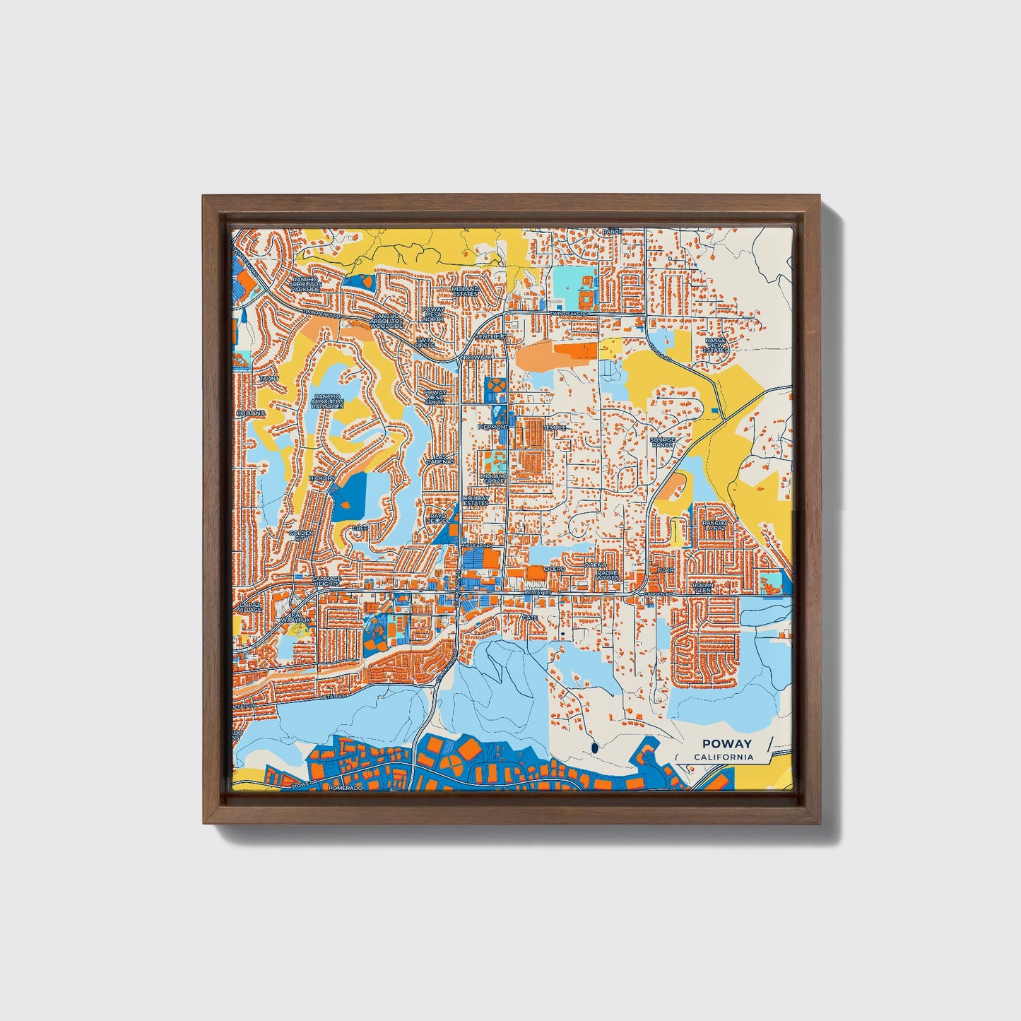 Poway California Colorful City Map Canvas Print • Dark Wooden Framed