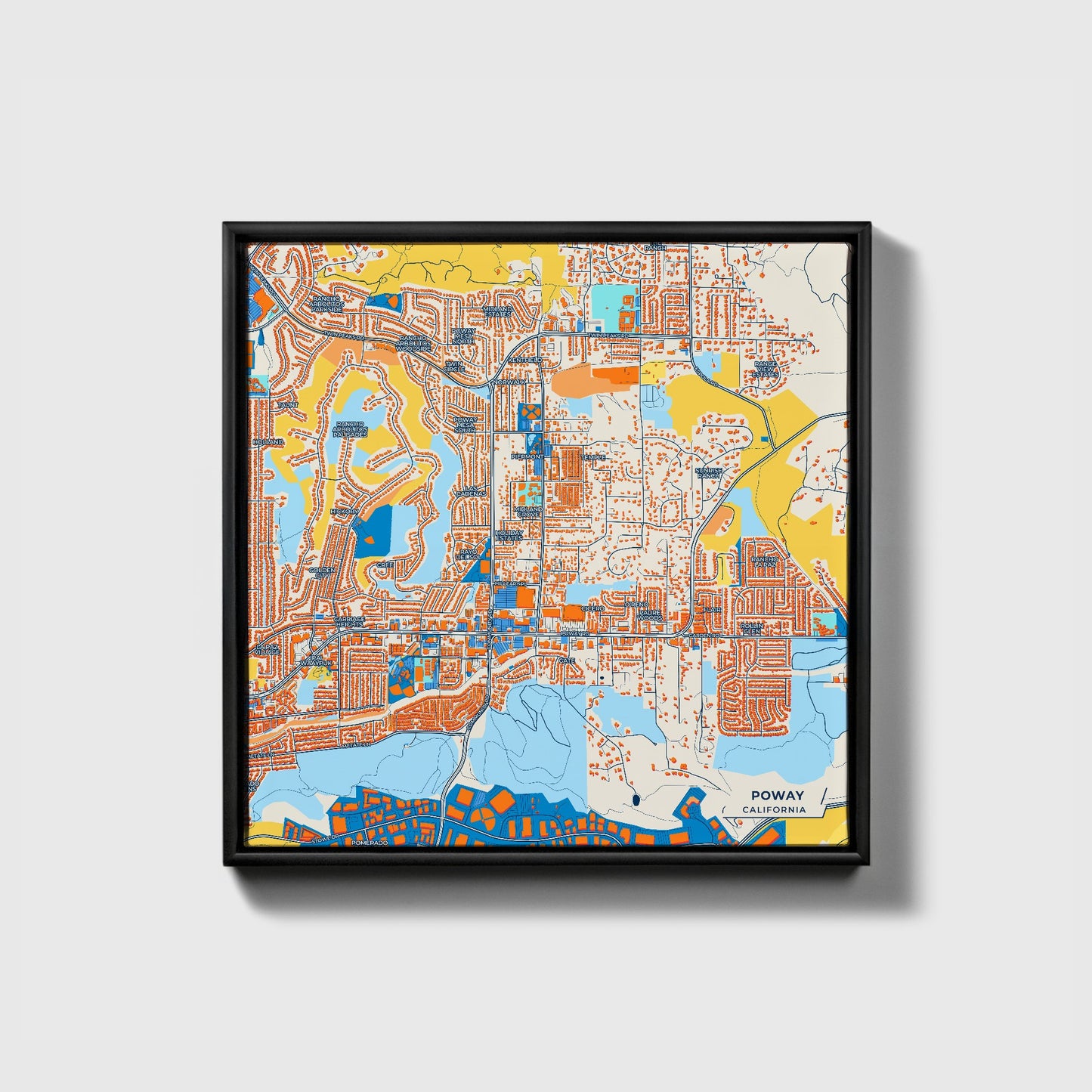 Poway California Colorful City Map Canvas Print • Black Framed