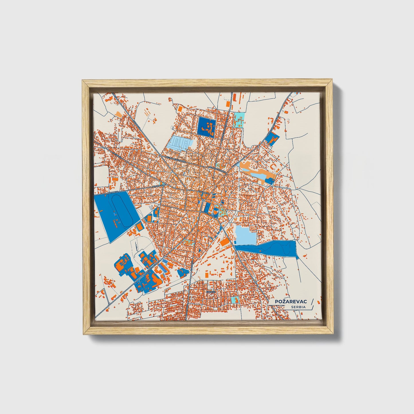 Пожаревац Serbia Colorful City Map Canvas Print • Natural Wooden Framed