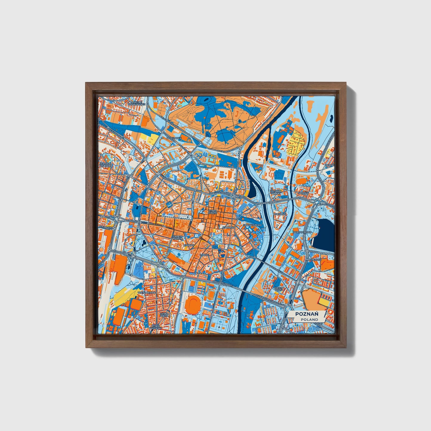 Poznań Poland Colorful City Map Canvas Print • Dark Wooden Framed