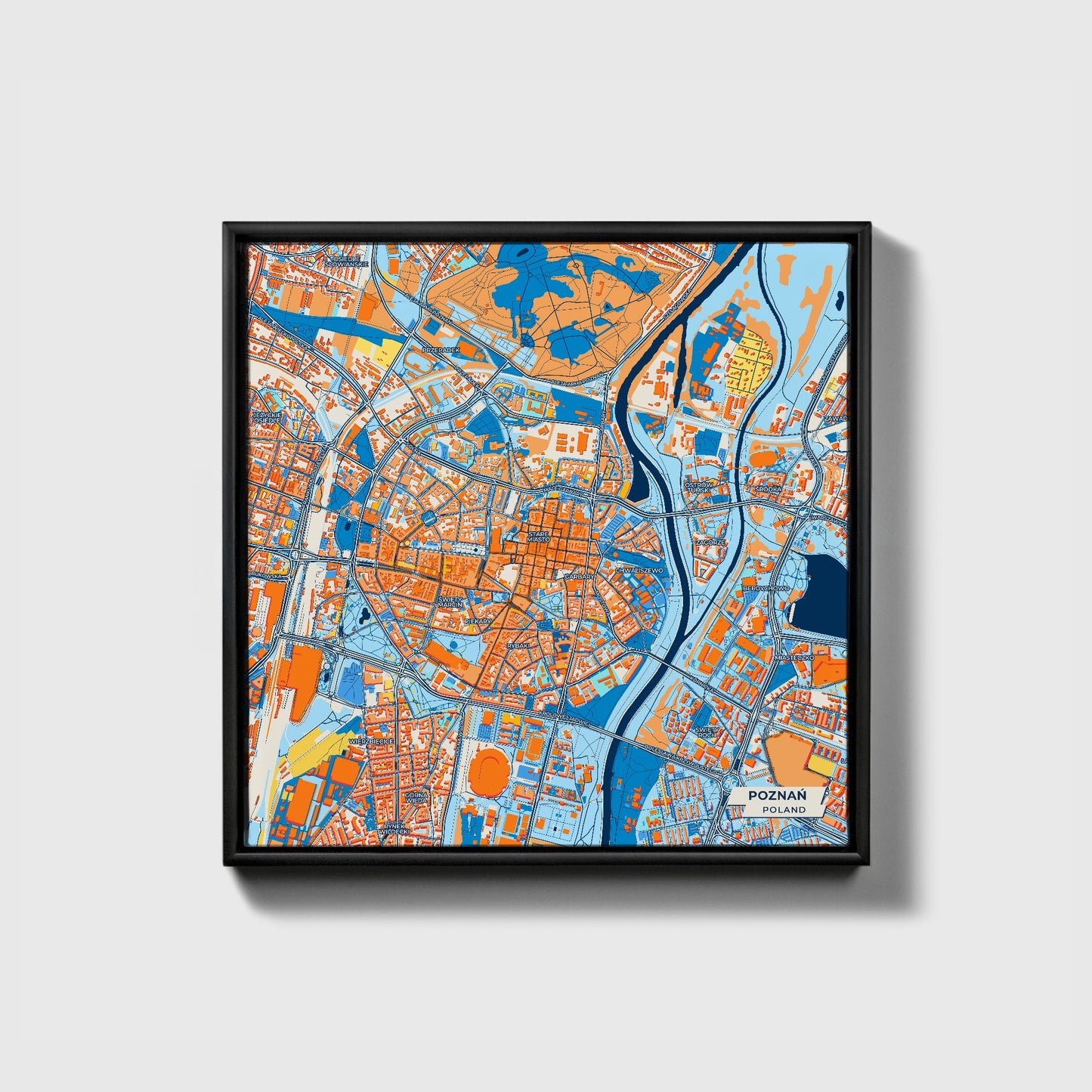 Poznań Poland Colorful City Map Canvas Print • Black Framed