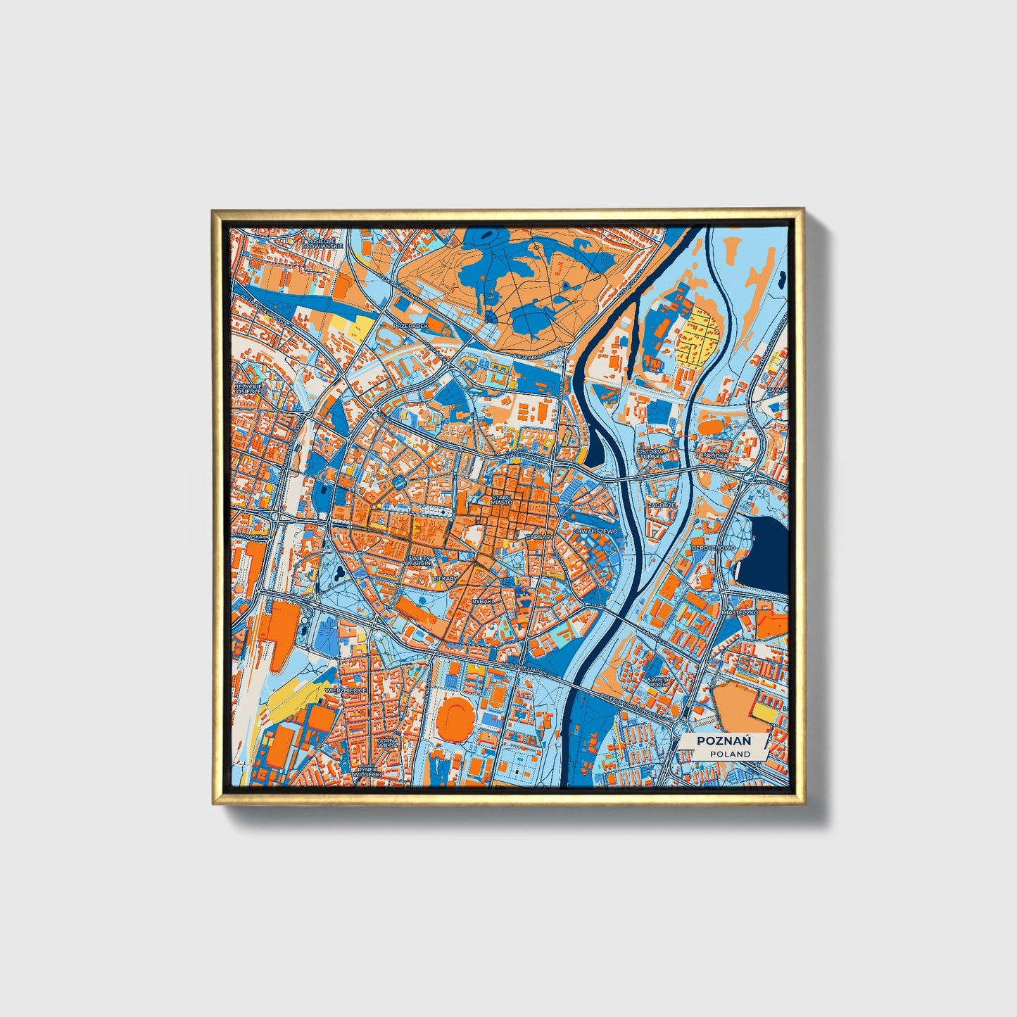 Poznań Poland Colorful City Map Canvas Print • Gold Framed