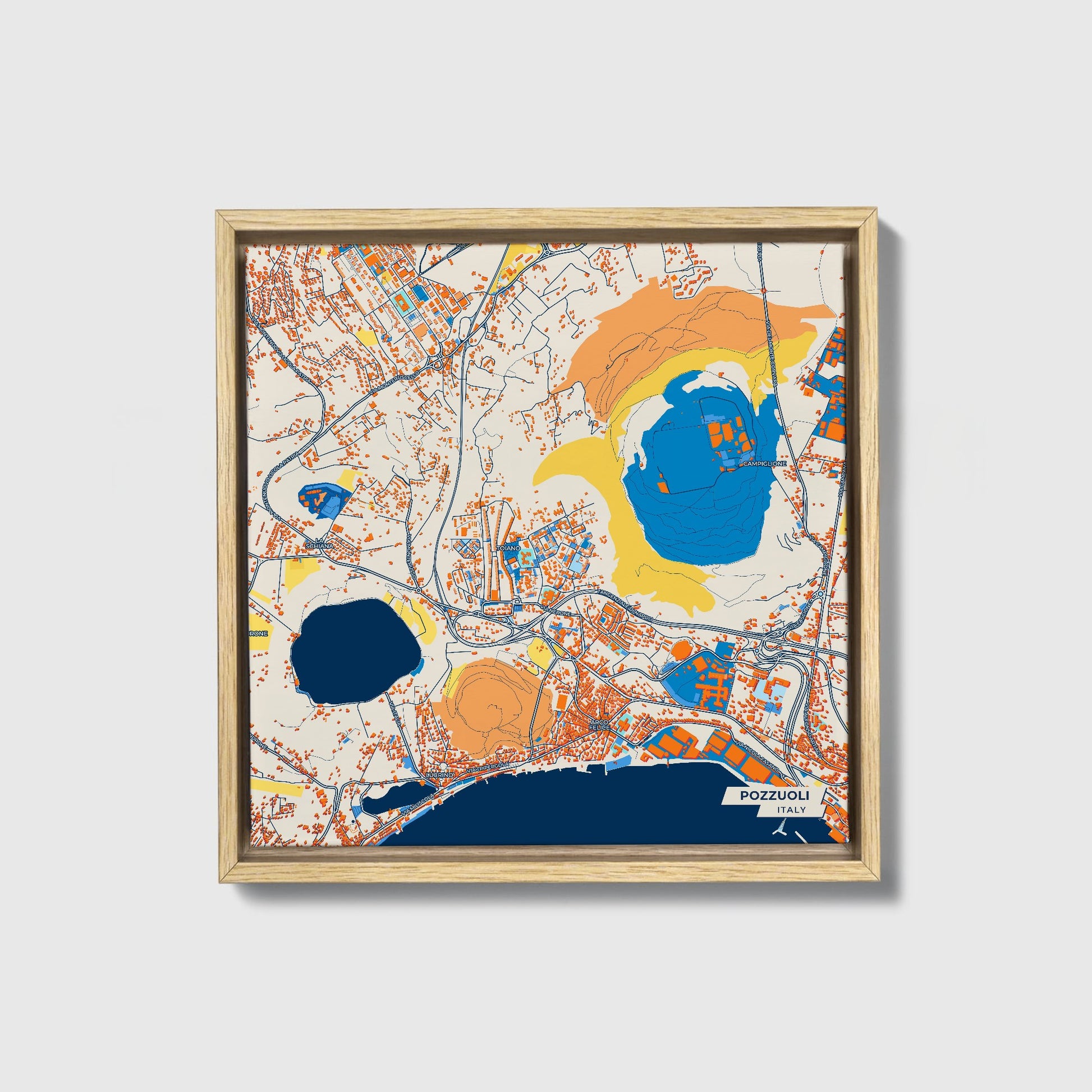 Pozzuoli Italy Colorful City Map Canvas Print • Natural Wooden Framed
