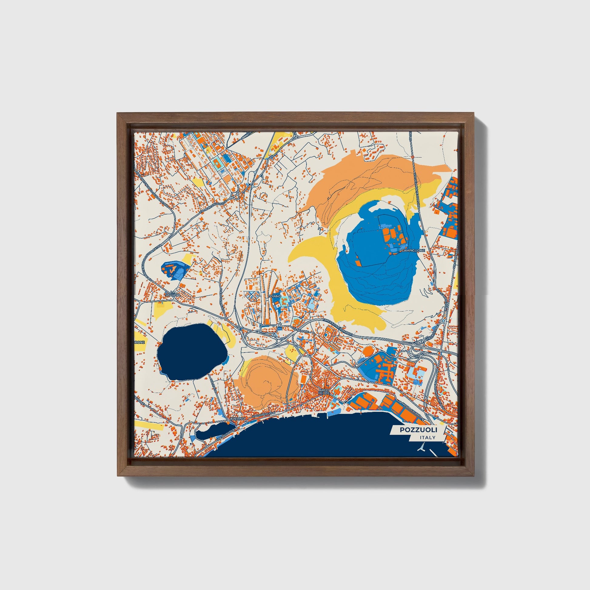 Pozzuoli Italy Colorful City Map Canvas Print • Dark Wooden Framed