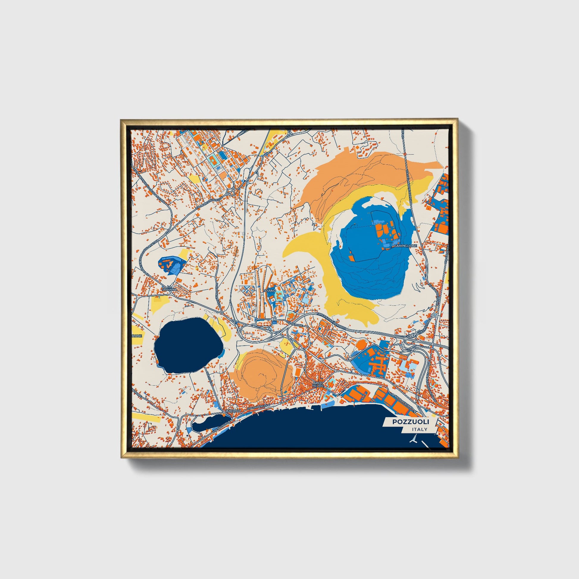 Pozzuoli Italy Colorful City Map Canvas Print • Gold Framed