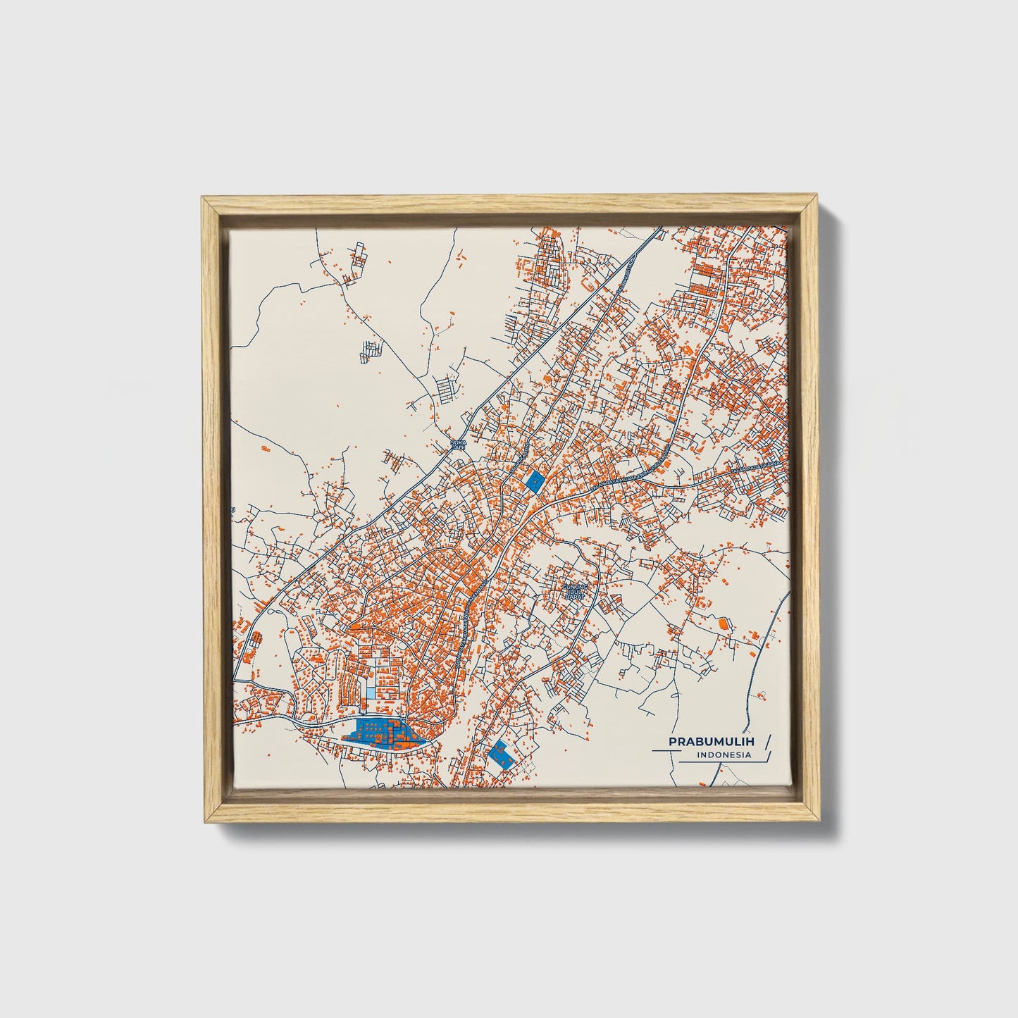 Prabumulih Indonesia Colorful City Map Canvas Print • Natural Wooden Framed
