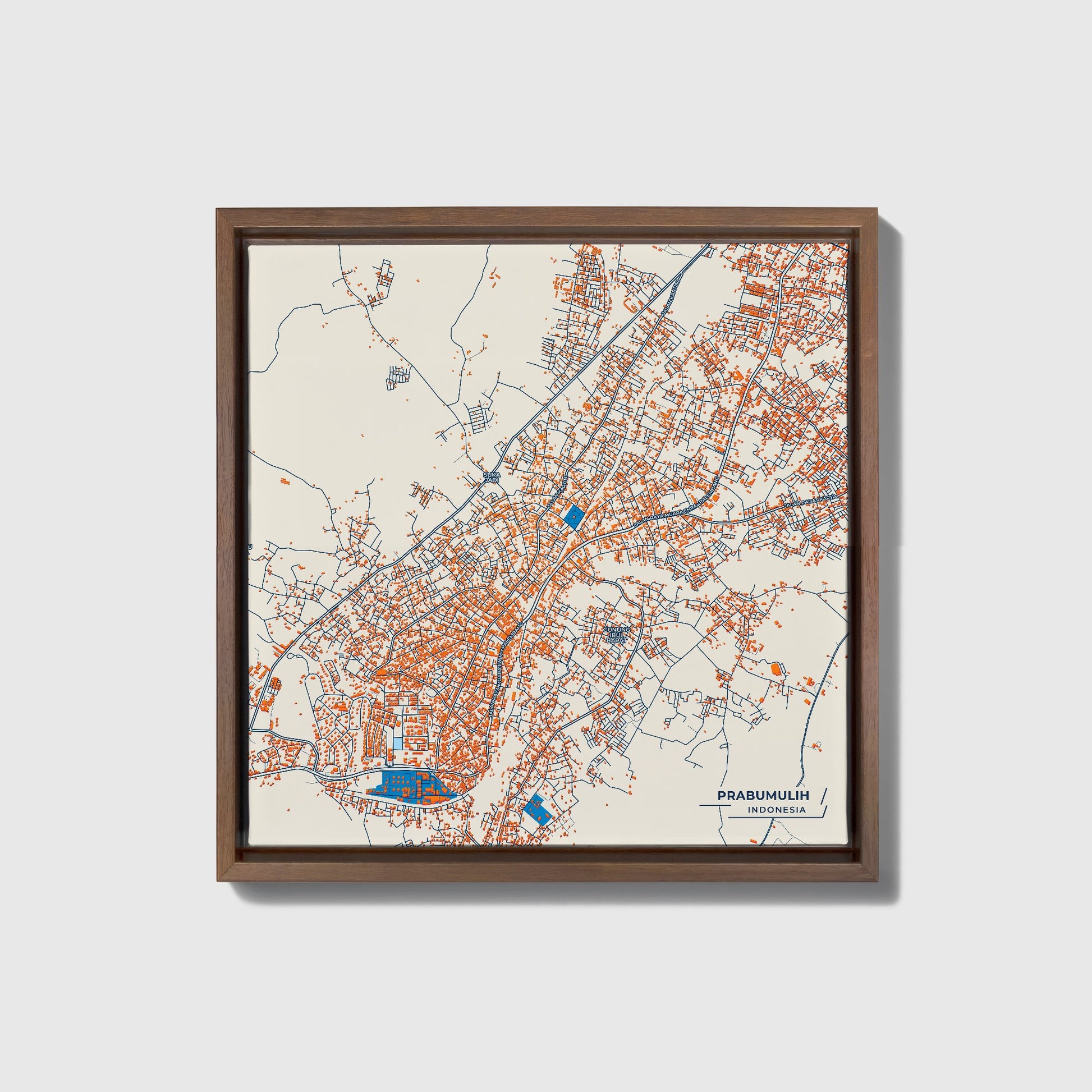 Prabumulih Indonesia Colorful City Map Canvas Print • Dark Wooden Framed