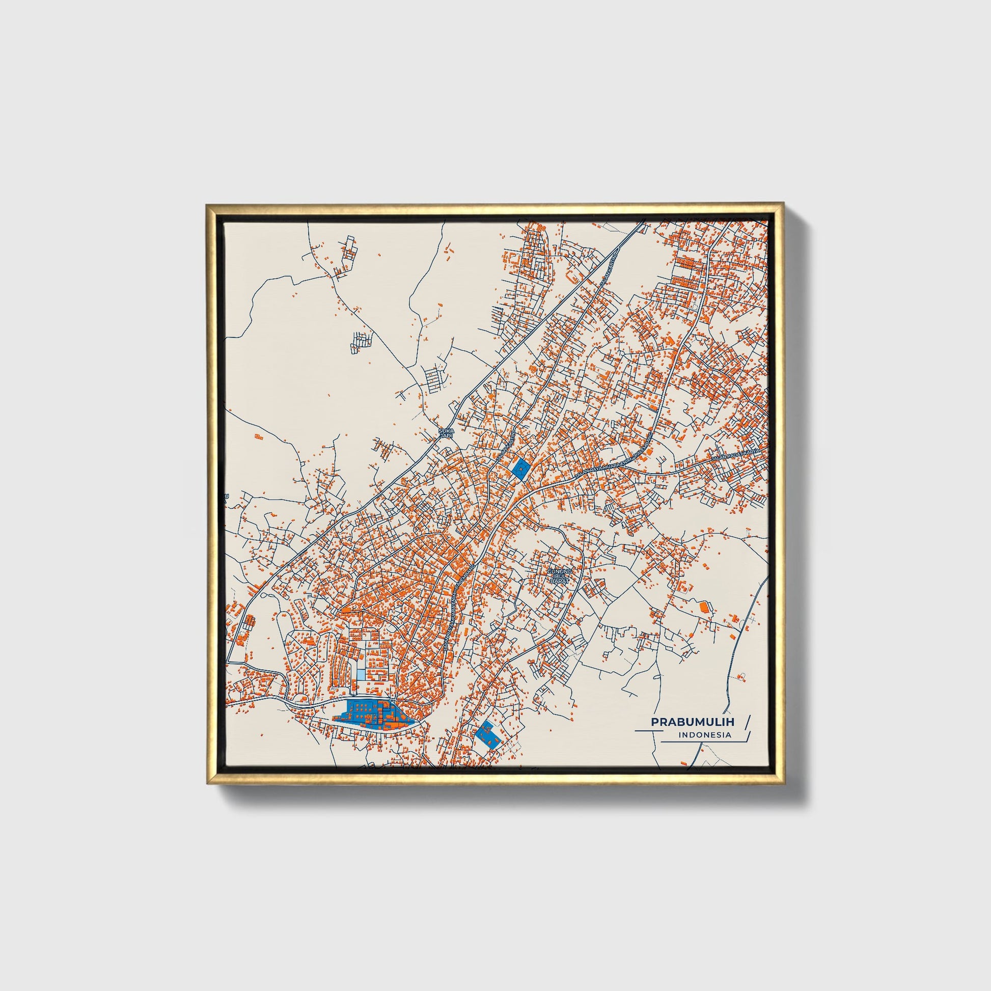 Prabumulih Indonesia Colorful City Map Canvas Print • Gold Framed