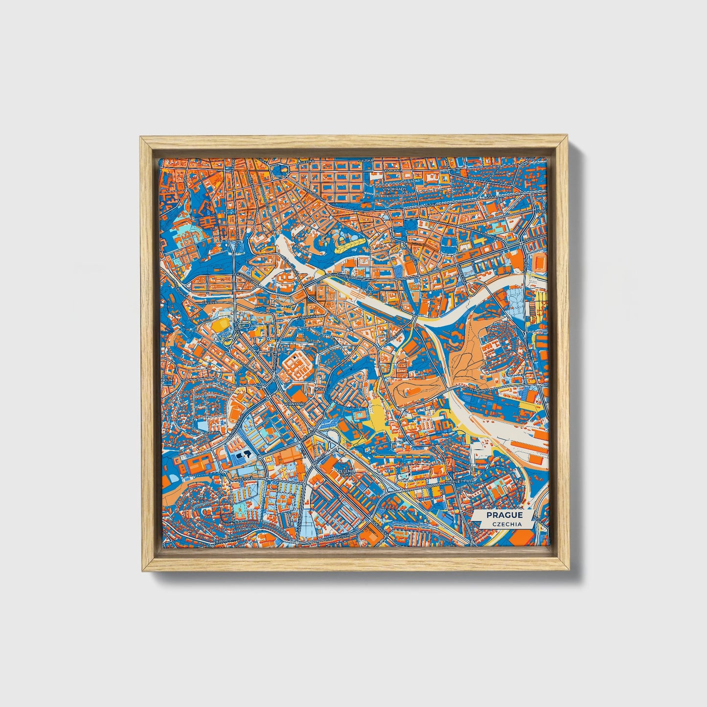 Praha Czechia Colorful City Map Canvas Print • Natural Wooden Framed