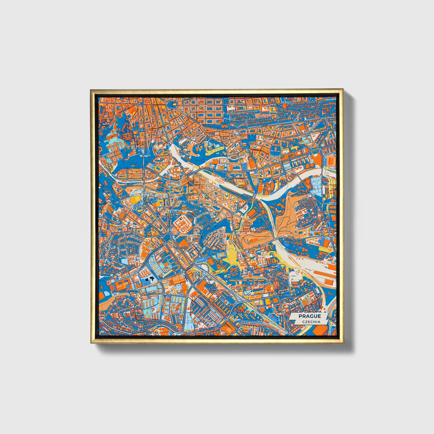 Praha Czechia Colorful City Map Canvas Print • Gold Framed