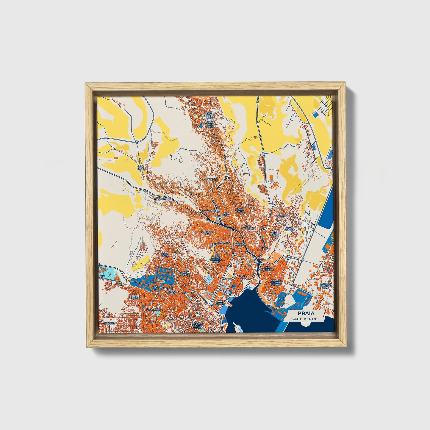 Praia Cape Verde Colorful City Map Canvas Print • Natural Wooden Framed