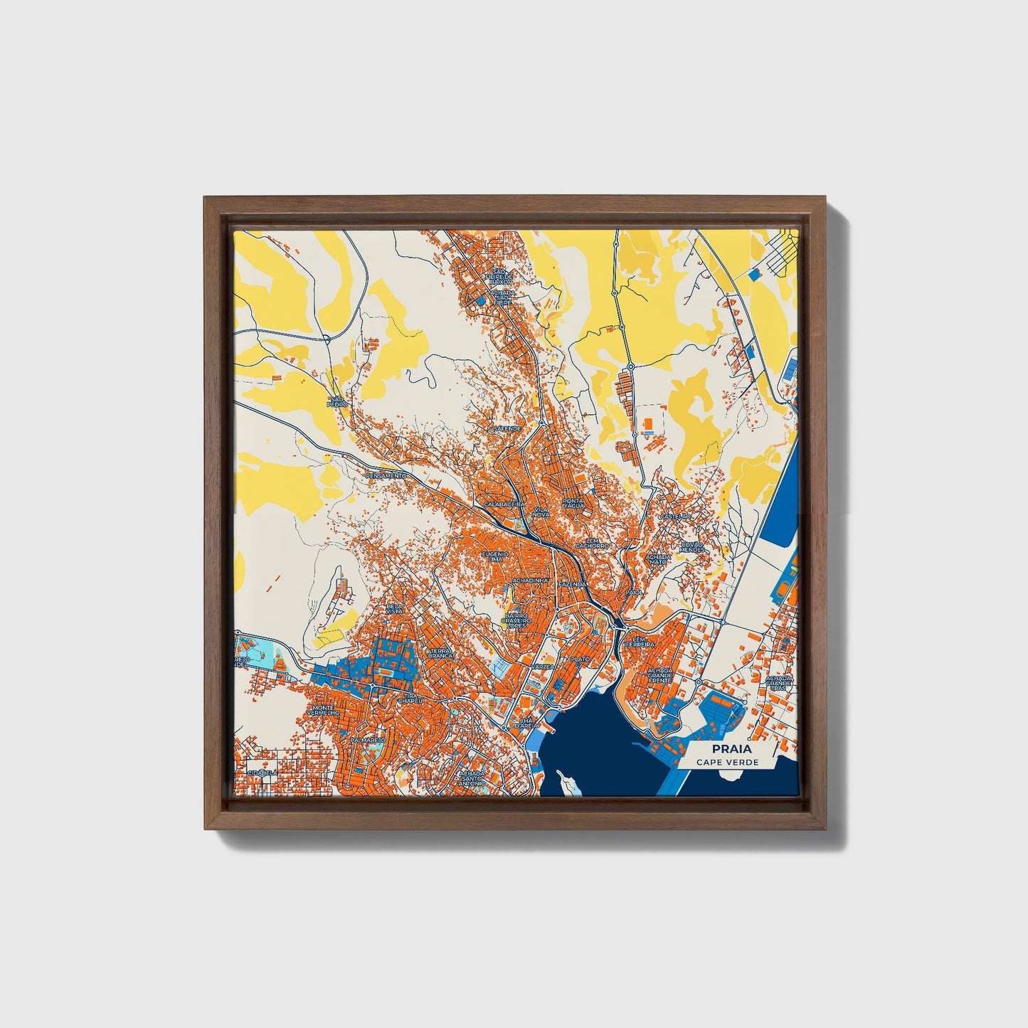 Praia Cape Verde Colorful City Map Canvas Print • Dark Wooden Framed