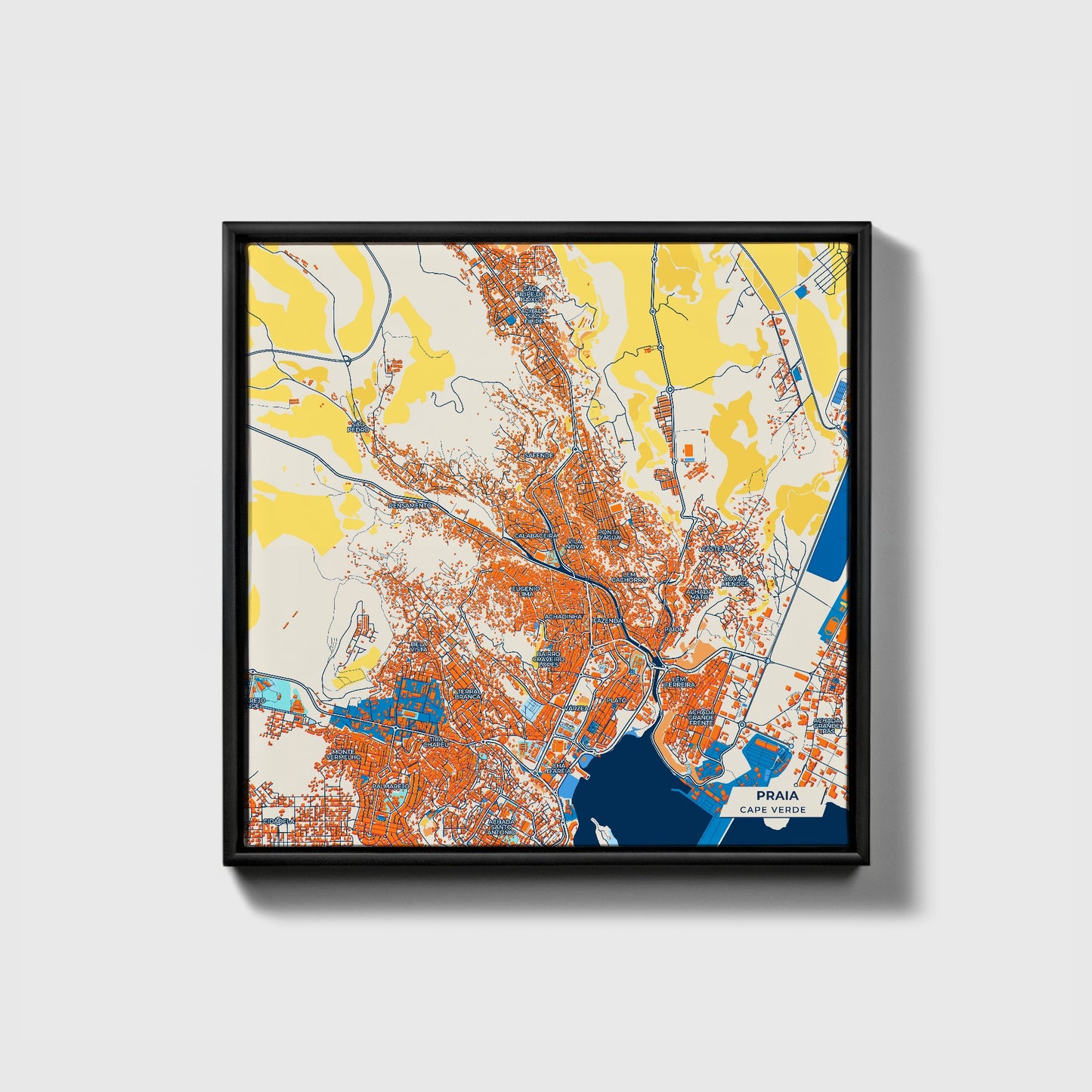Praia Cape Verde Colorful City Map Canvas Print • Black Framed