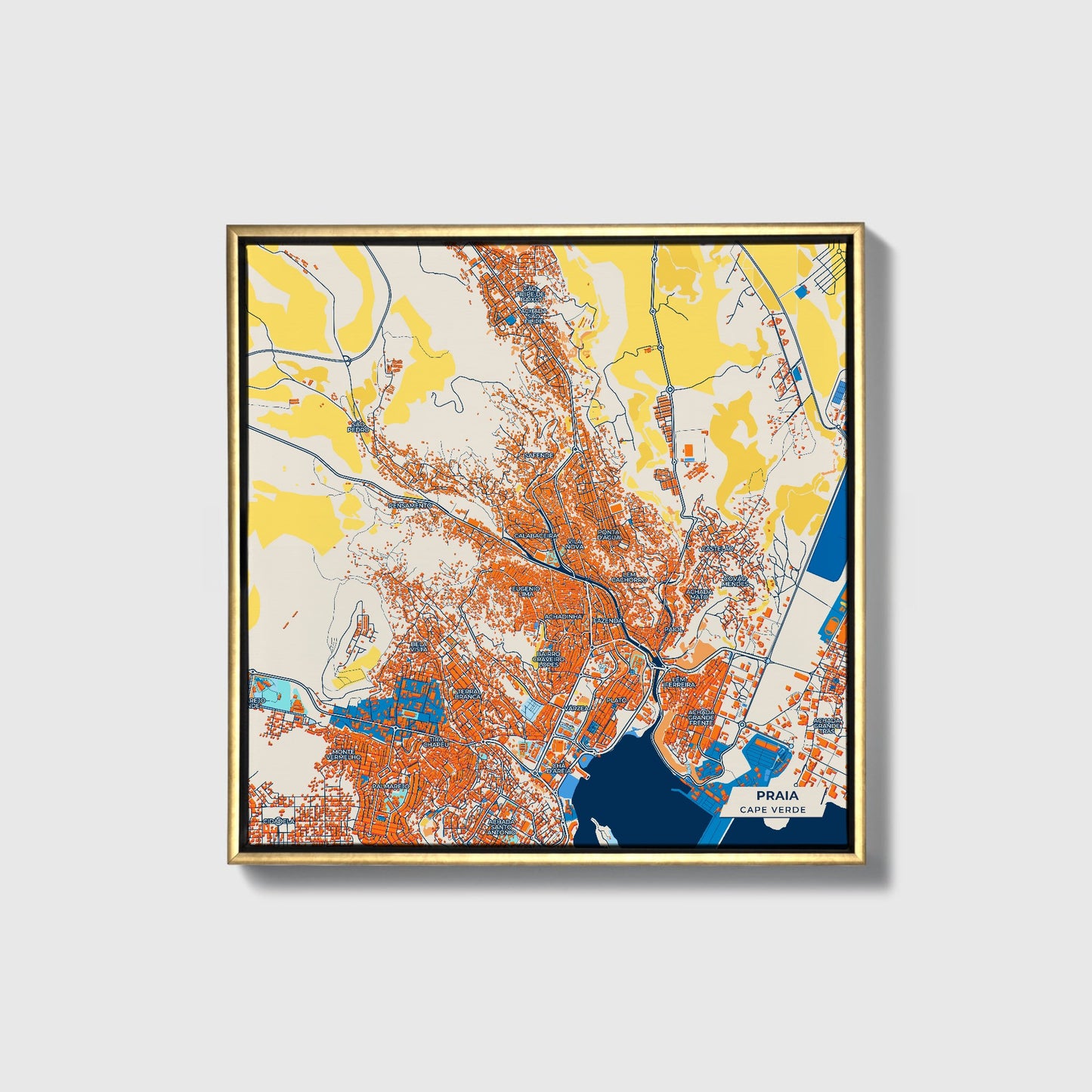 Praia Cape Verde Colorful City Map Canvas Print • Gold Framed
