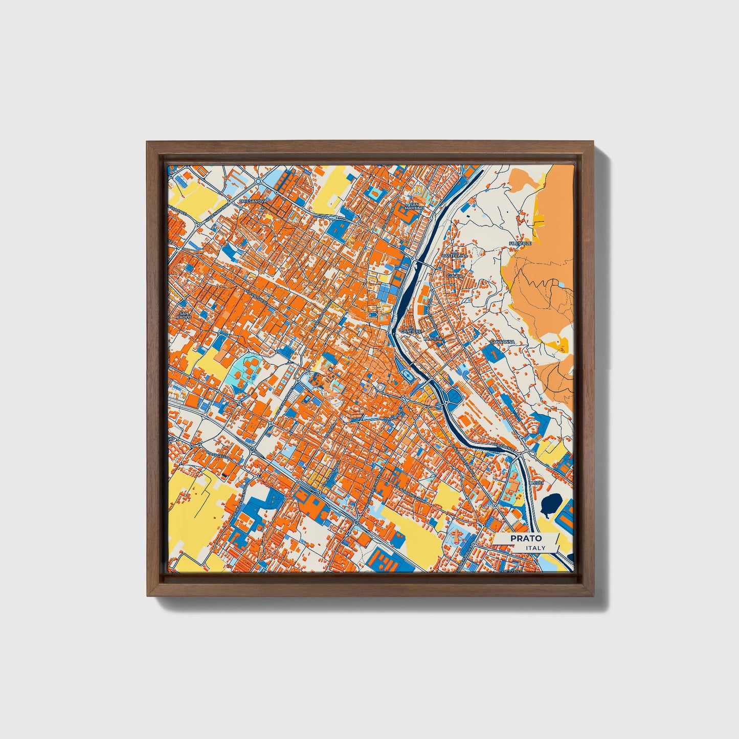 Prato  Italy Colorful City Map Canvas Print • Dark Wooden Framed