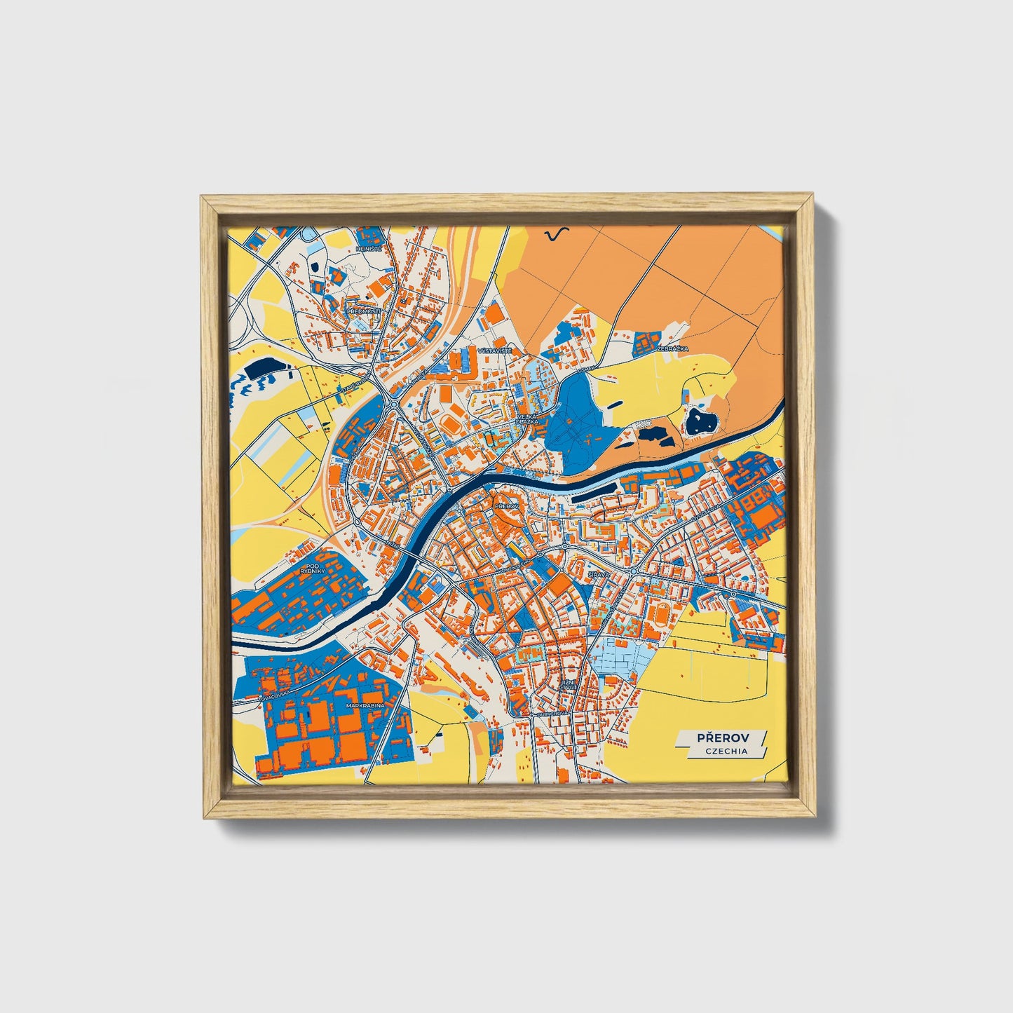 Přerov Czechia Colorful City Map Canvas Print • Natural Wooden Framed