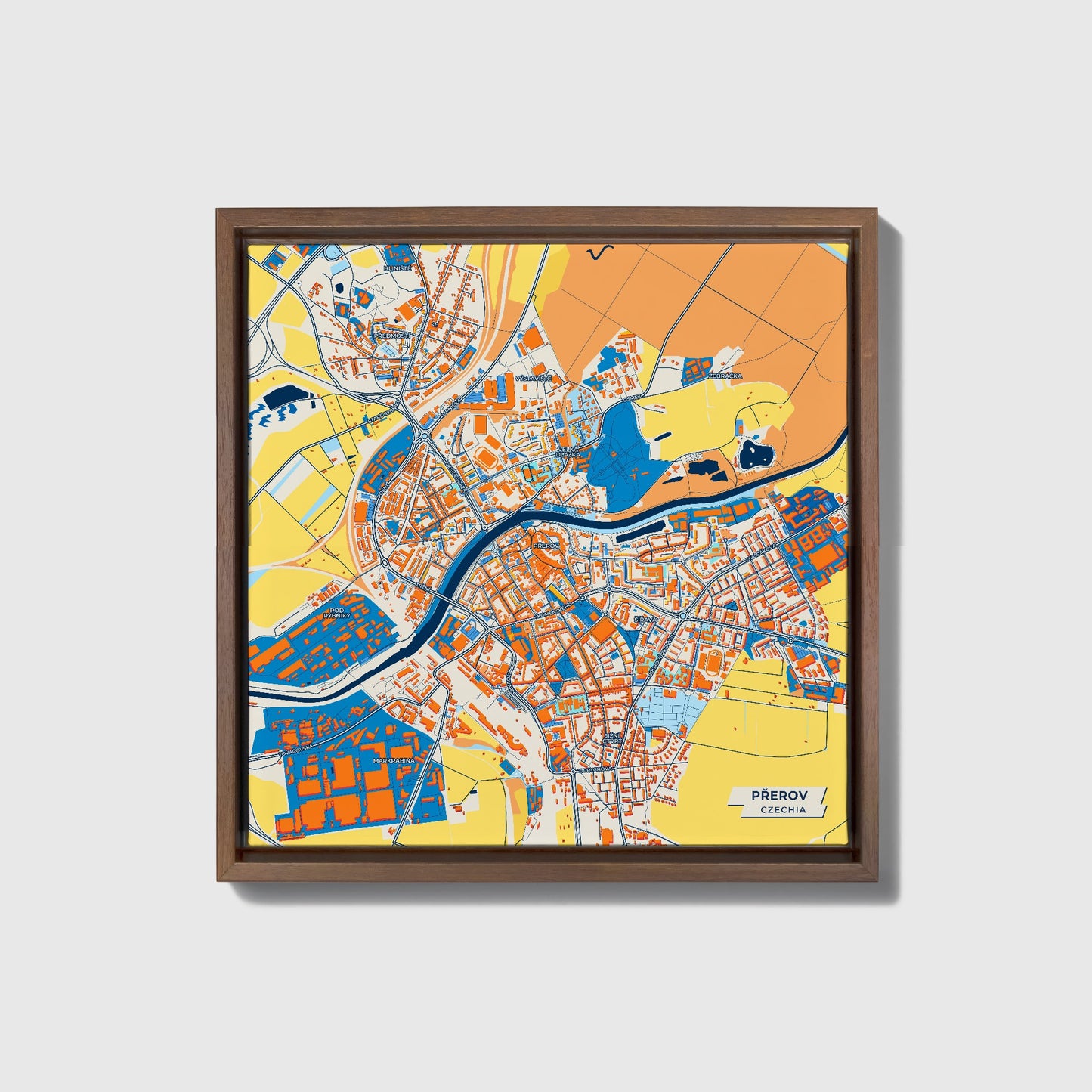 Přerov Czechia Colorful City Map Canvas Print • Dark Wooden Framed