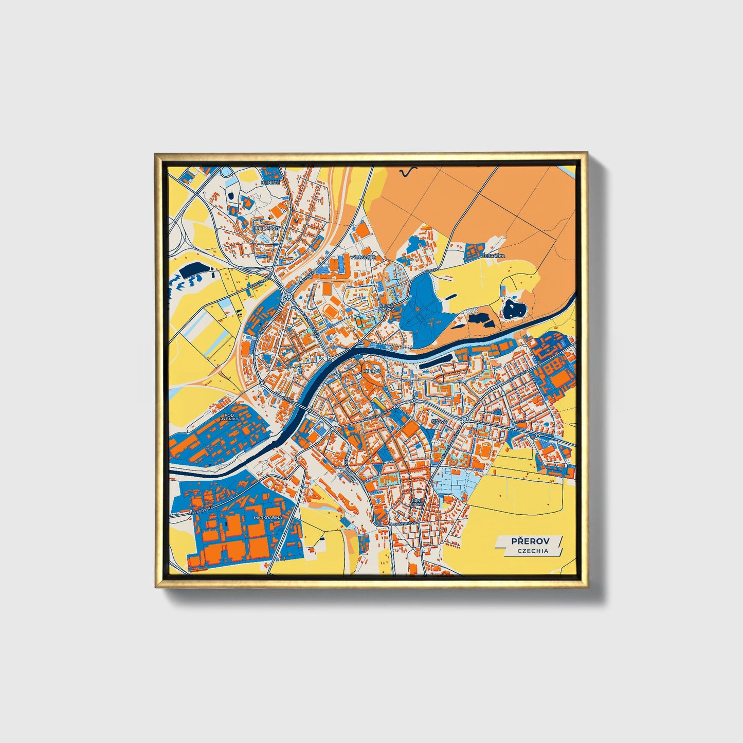 Přerov Czechia Colorful City Map Canvas Print • Gold Framed