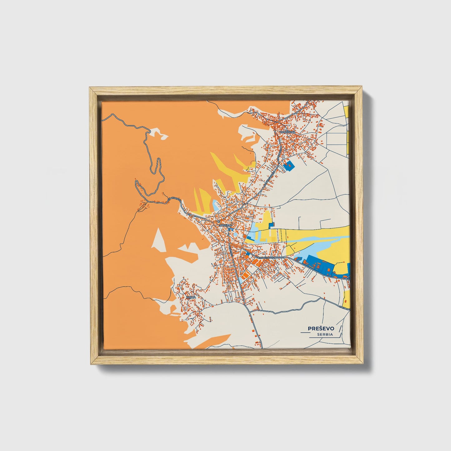 Прешево Serbia Colorful City Map Canvas Print • Natural Wooden Framed