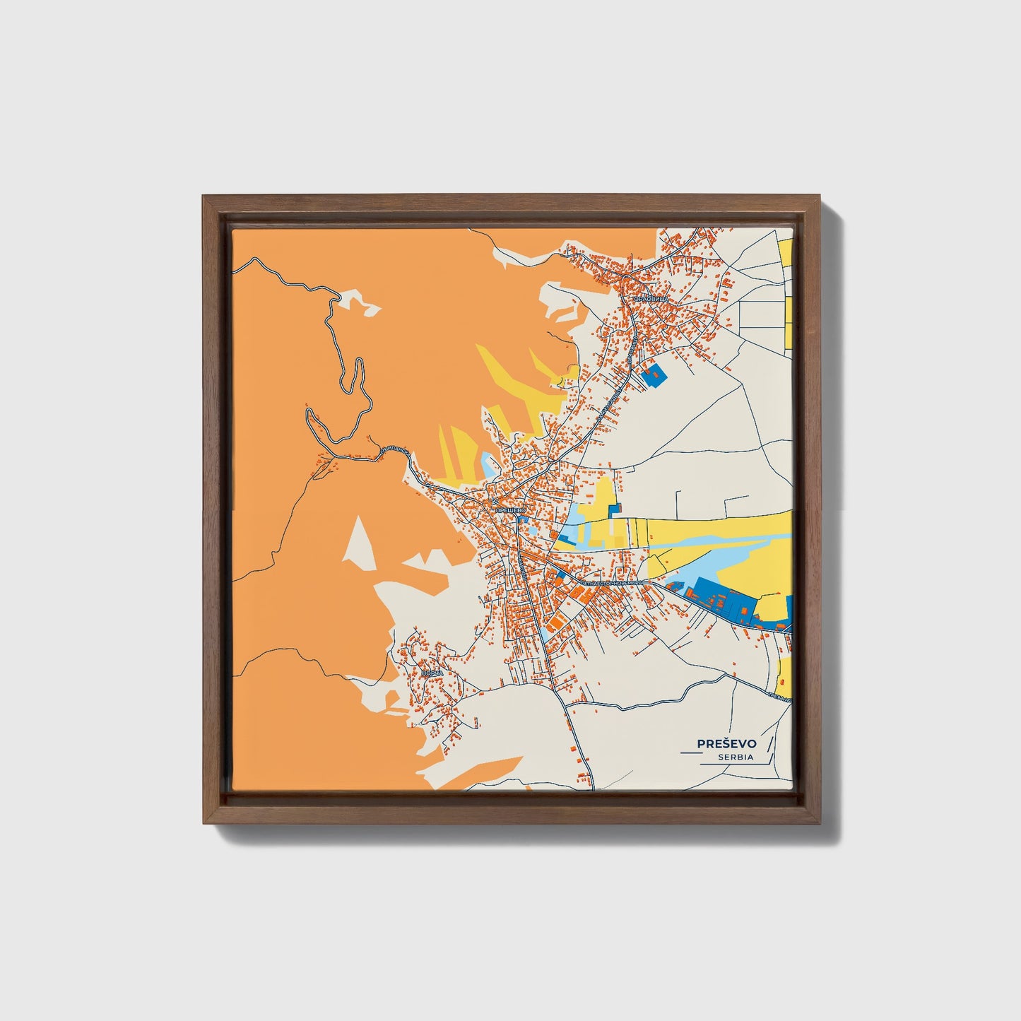 Прешево Serbia Colorful City Map Canvas Print • Dark Wooden Framed