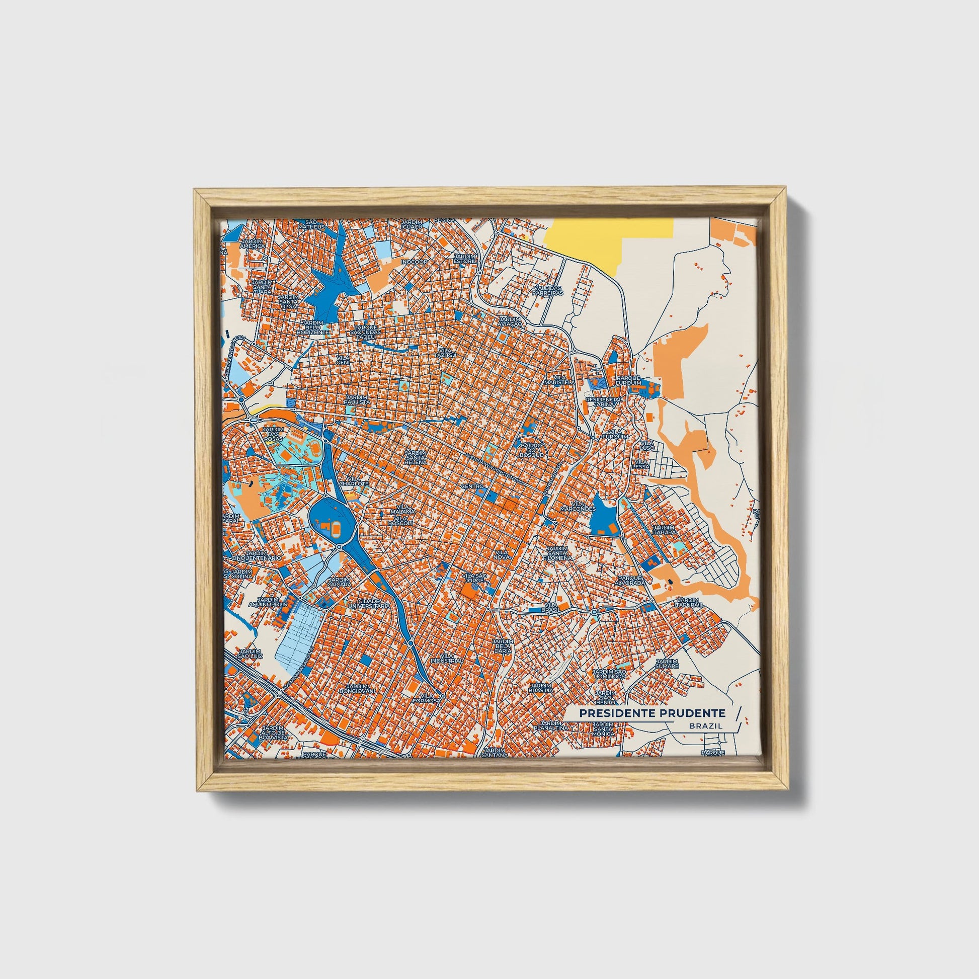Presidente Prudente Brazil Colorful City Map Canvas Print • Natural Wooden Framed