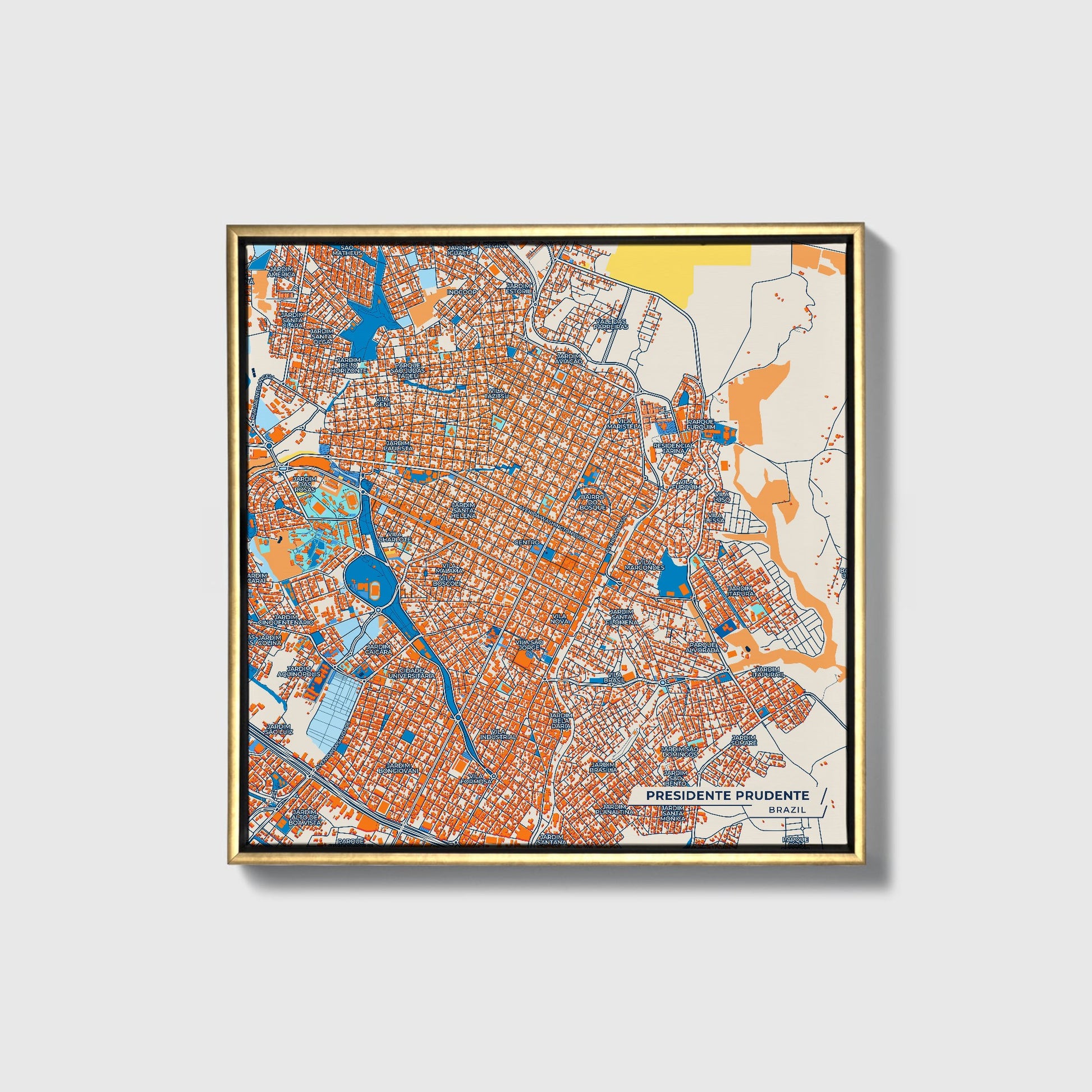 Presidente Prudente Brazil Colorful City Map Canvas Print • Gold Framed