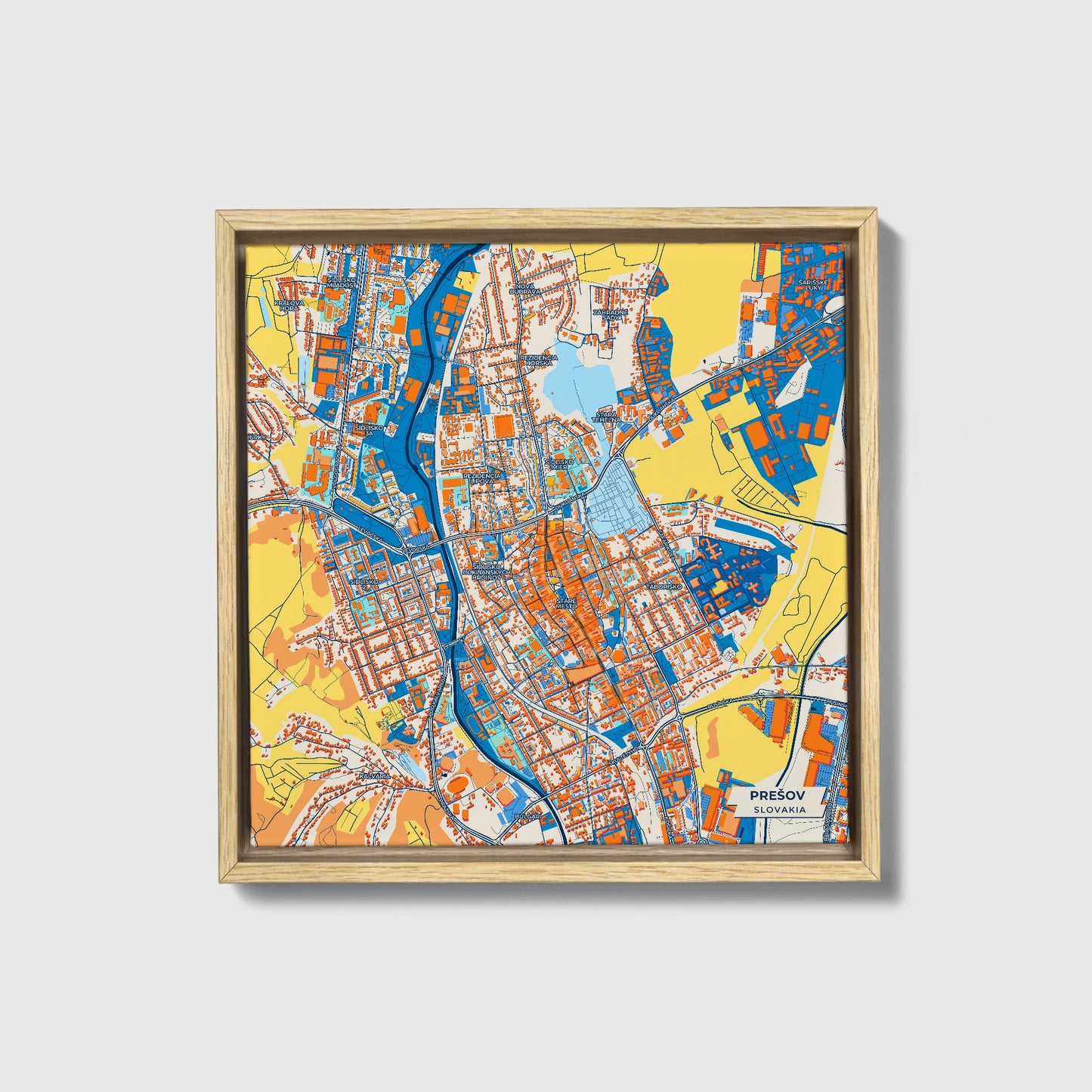 Prešov Slovakia Colorful City Map Canvas Print • Natural Wooden Framed
