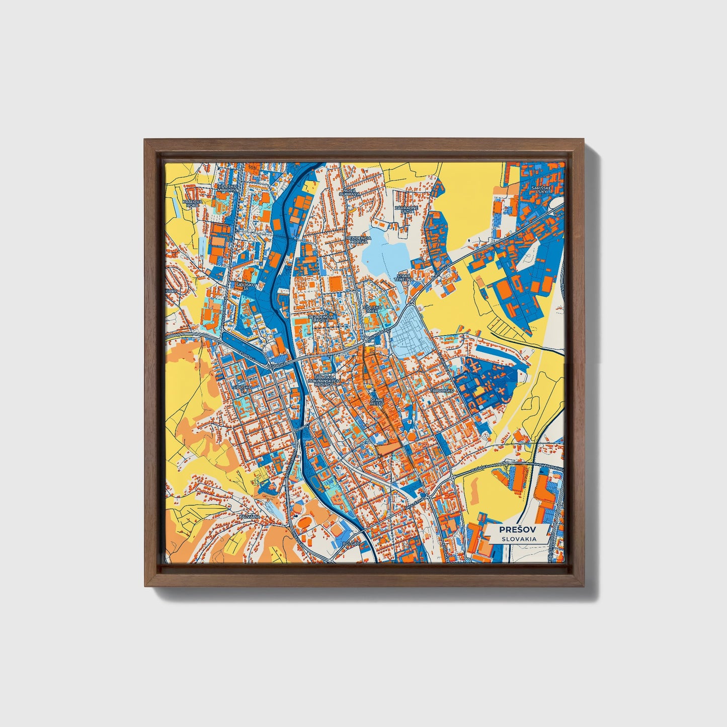 Prešov Slovakia Colorful City Map Canvas Print • Dark Wooden Framed