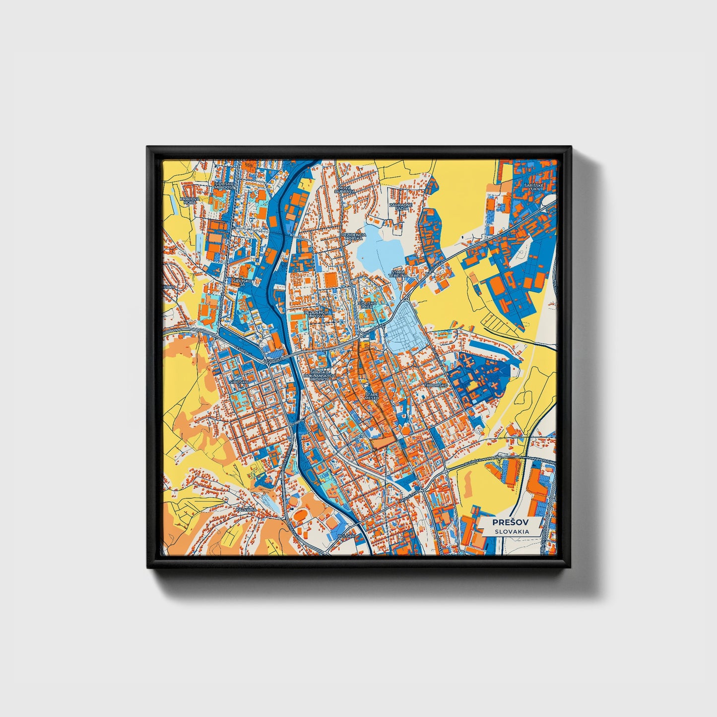Prešov Slovakia Colorful City Map Canvas Print • Black Framed